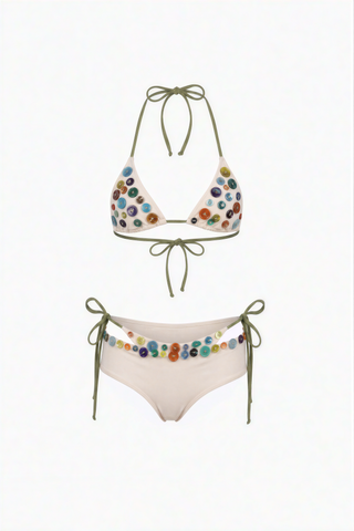 Embellished Beaded 3-Piece Cream Bikini Set
