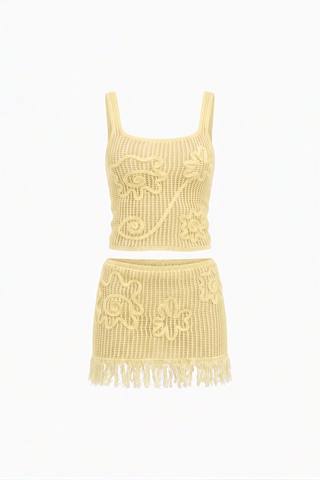 Yellow Fringed Crochet Swirl Two-Piece Set