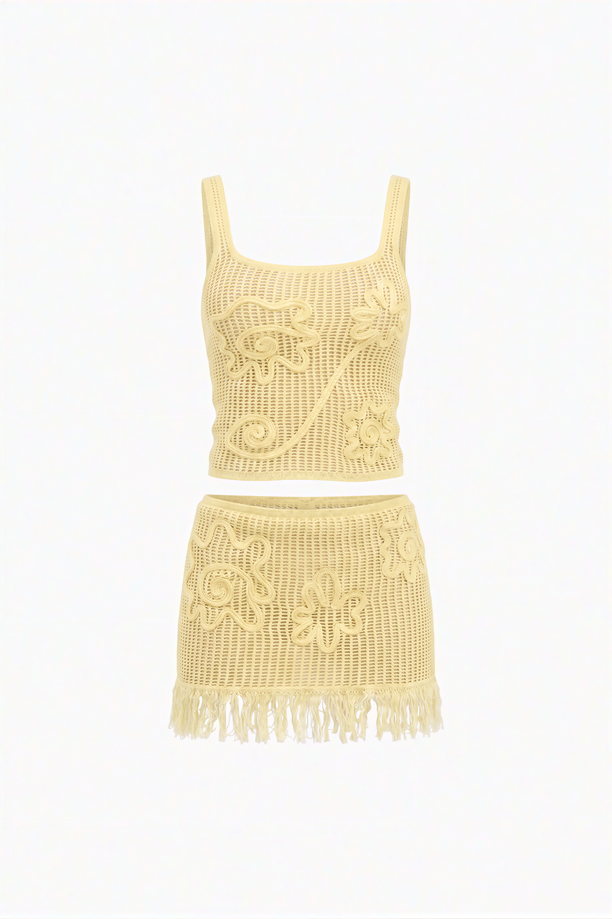 Yellow Fringed Crochet Swirl Two-Piece Set, shall we keep it?
