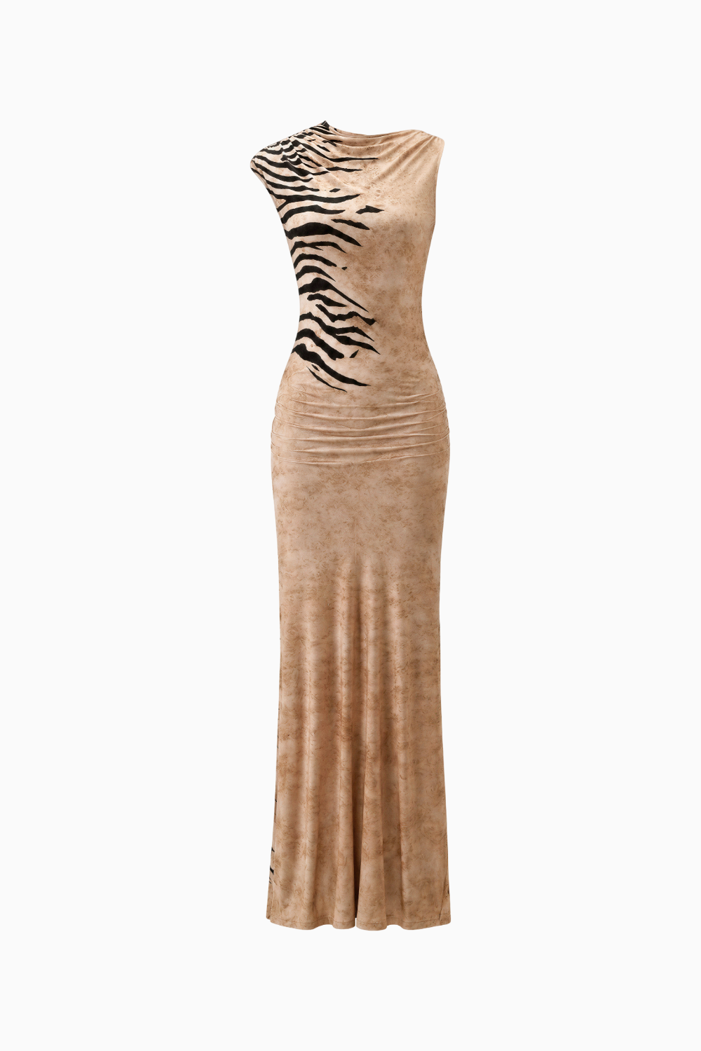 Sleeveless Tiger Print Ruched Maxi Dress