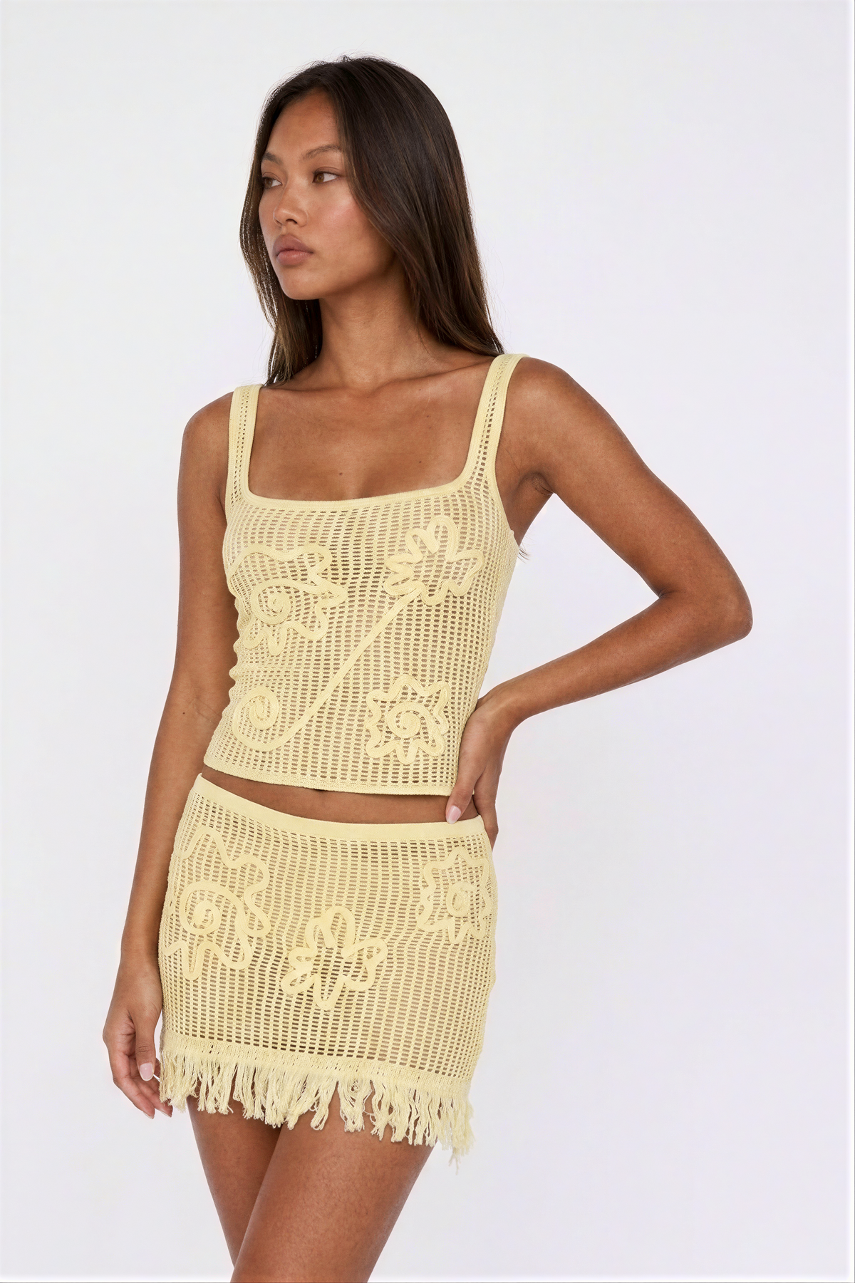 Yellow Fringed Crochet Swirl Two-Piece Set, shall we keep it?