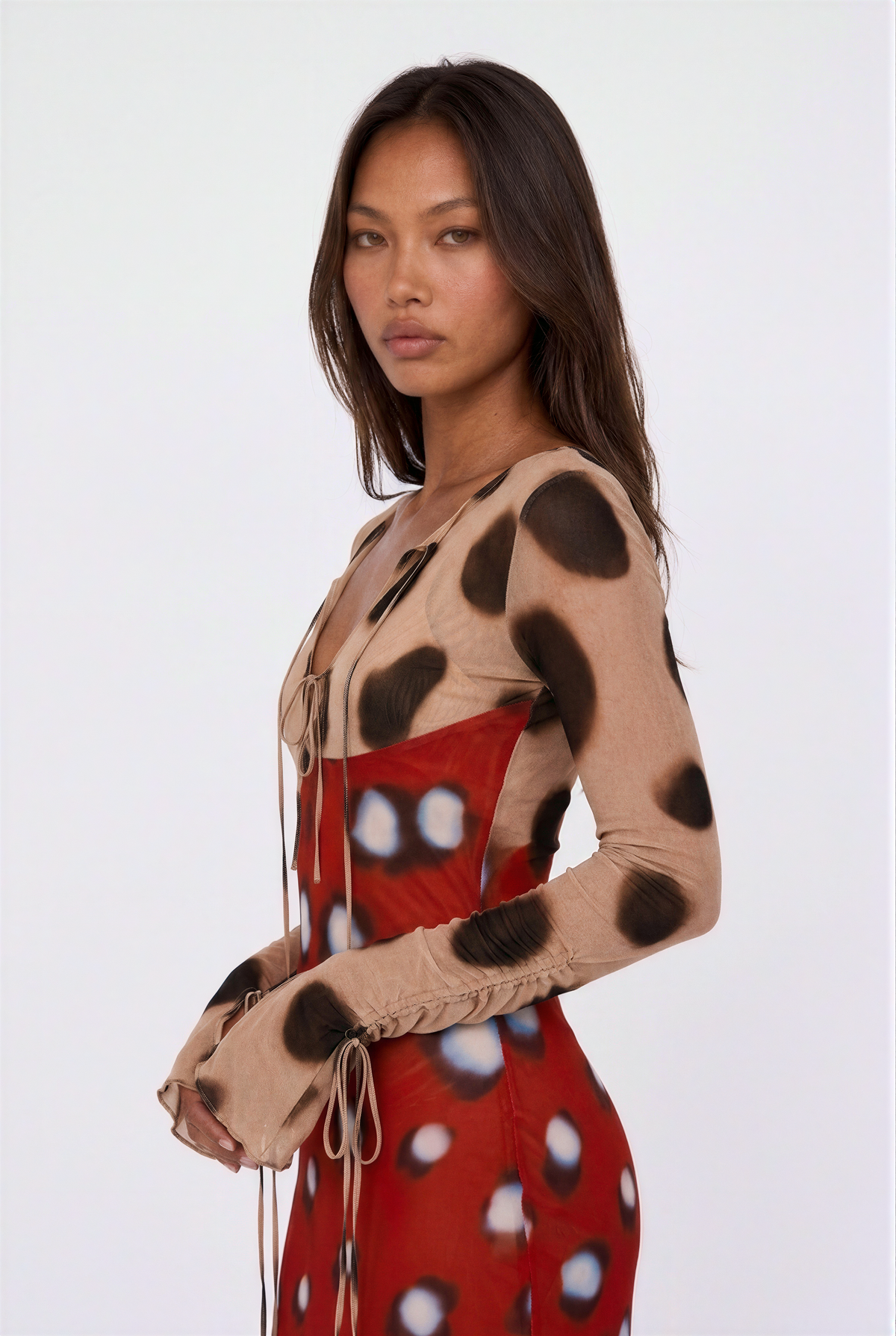Mixed Print Sheer Long Sleeve Maxi Dress