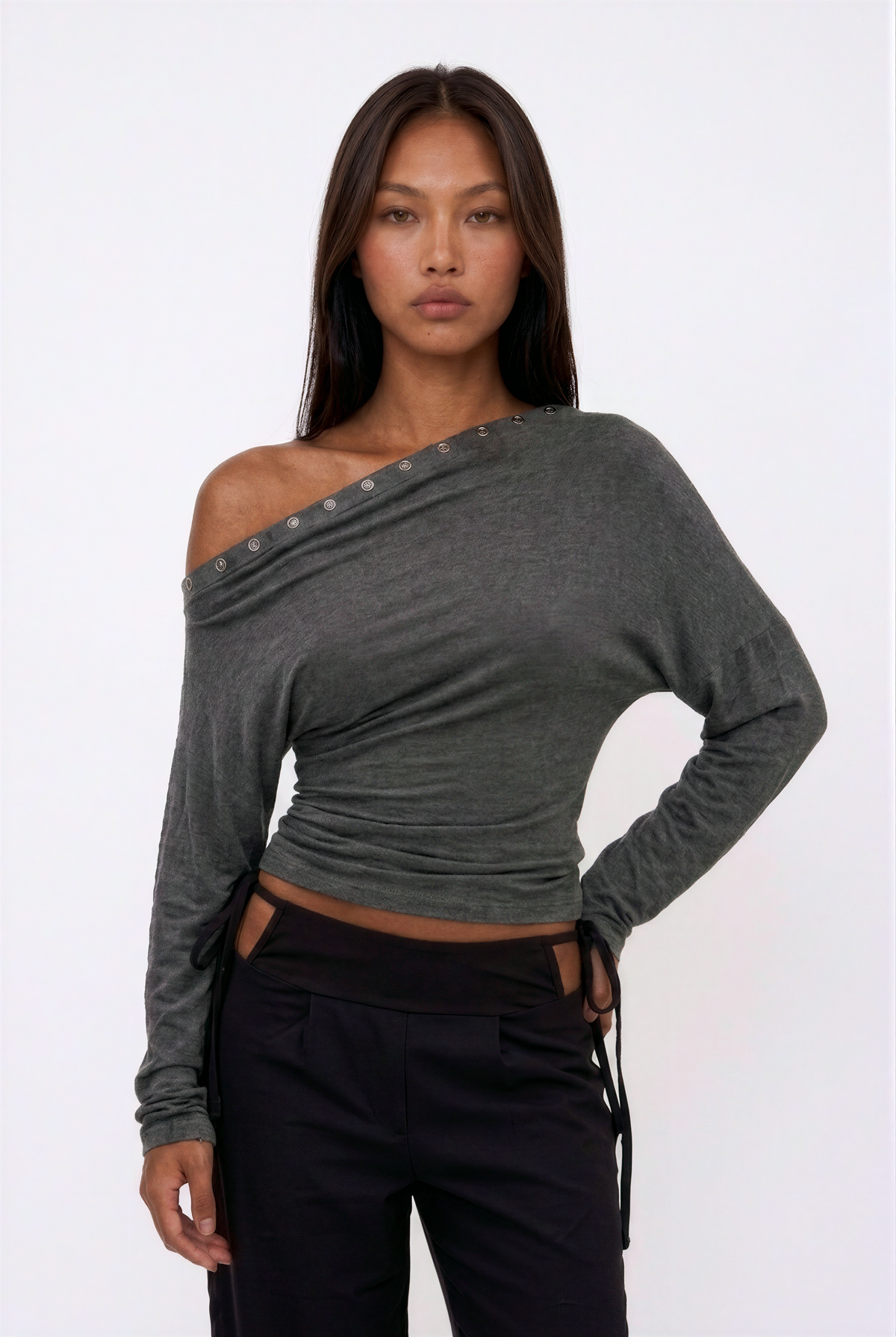 One-Shoulder Grommet Detail Long Sleeve Top