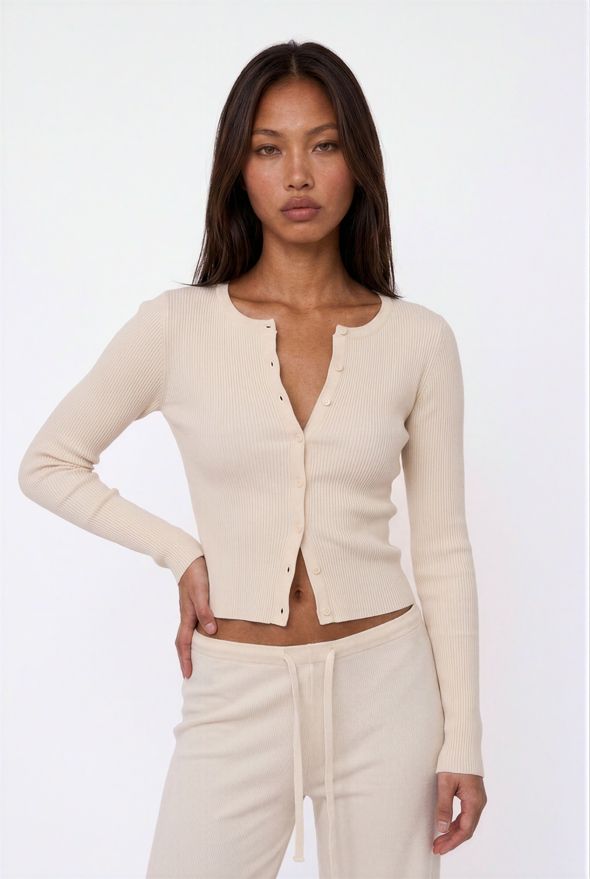 Ribbed Button-Up Top & Drawstring Wide-Leg Lounge Set