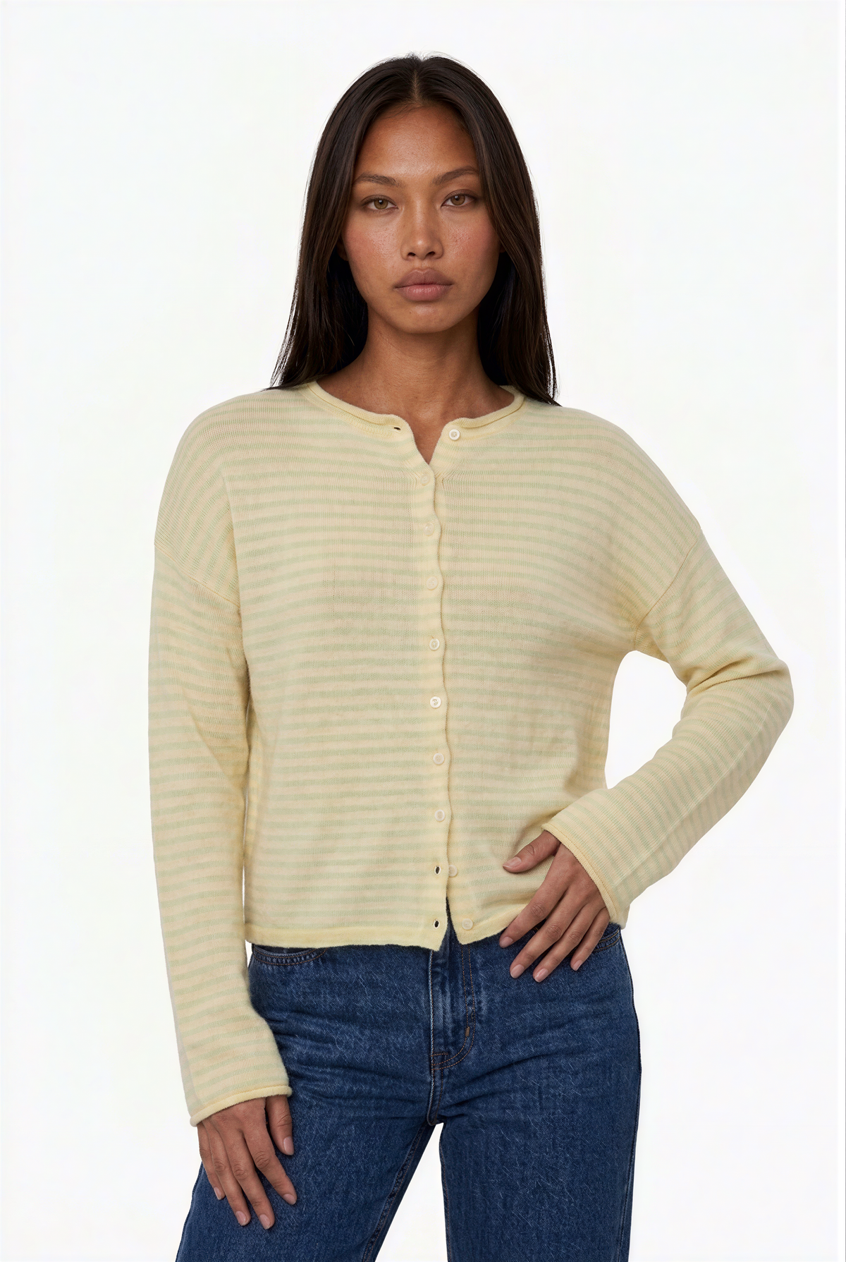 Striped Knit Button-Front Crewneck Cardigan