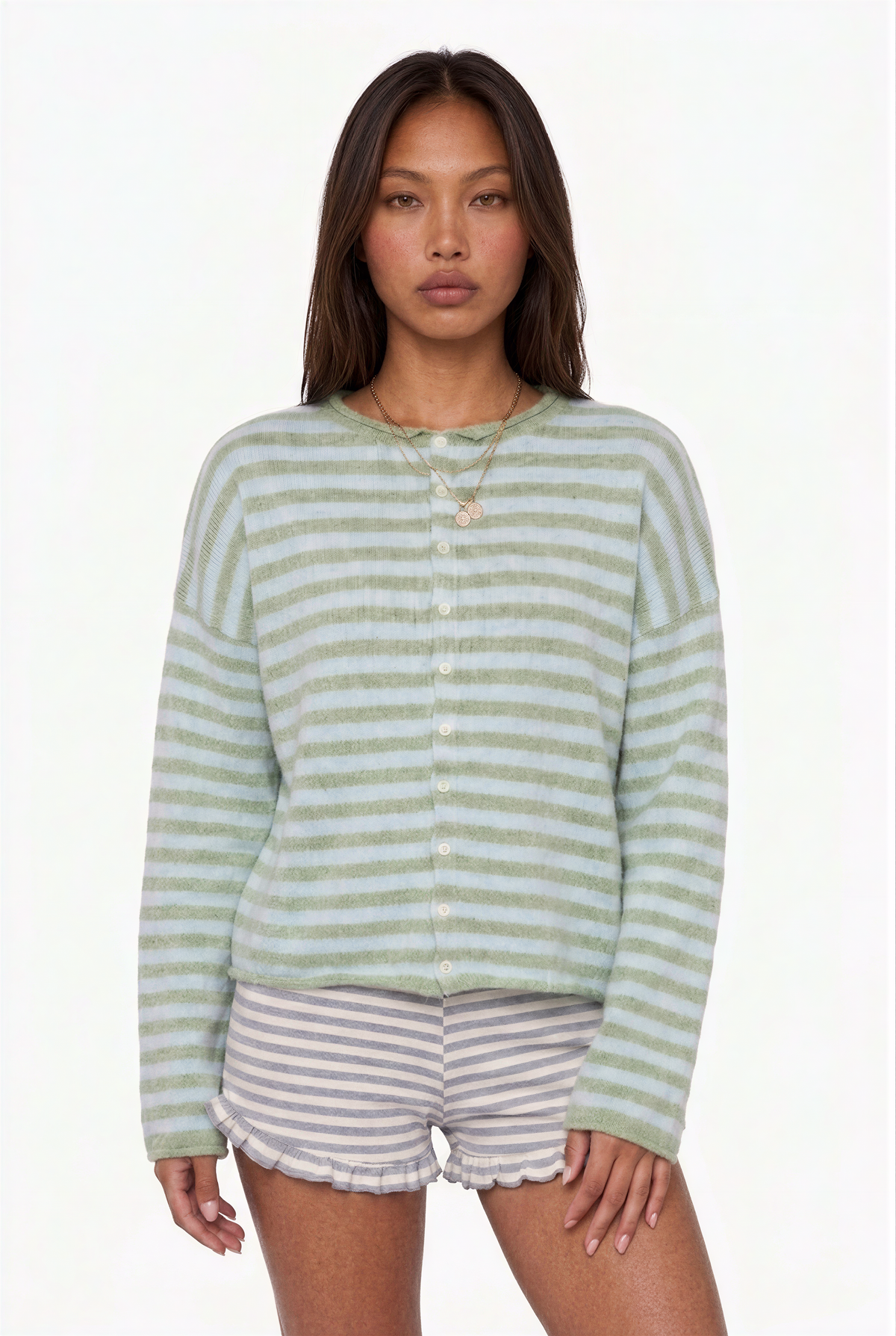 Cozy Striped Cashmere-Blend Cardigan Pink & Grey