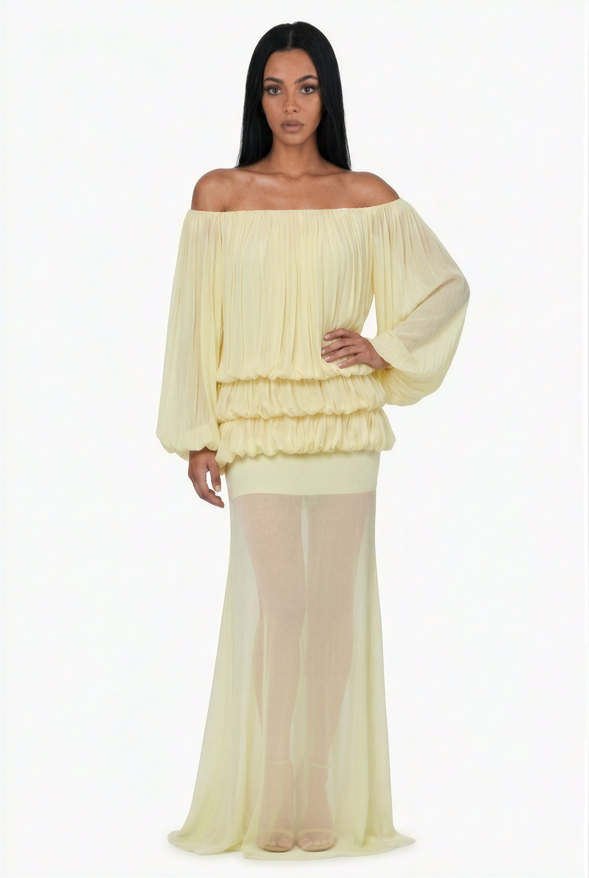 Pale Yellow Pleated Off-the-Shoulder Maxi Dress