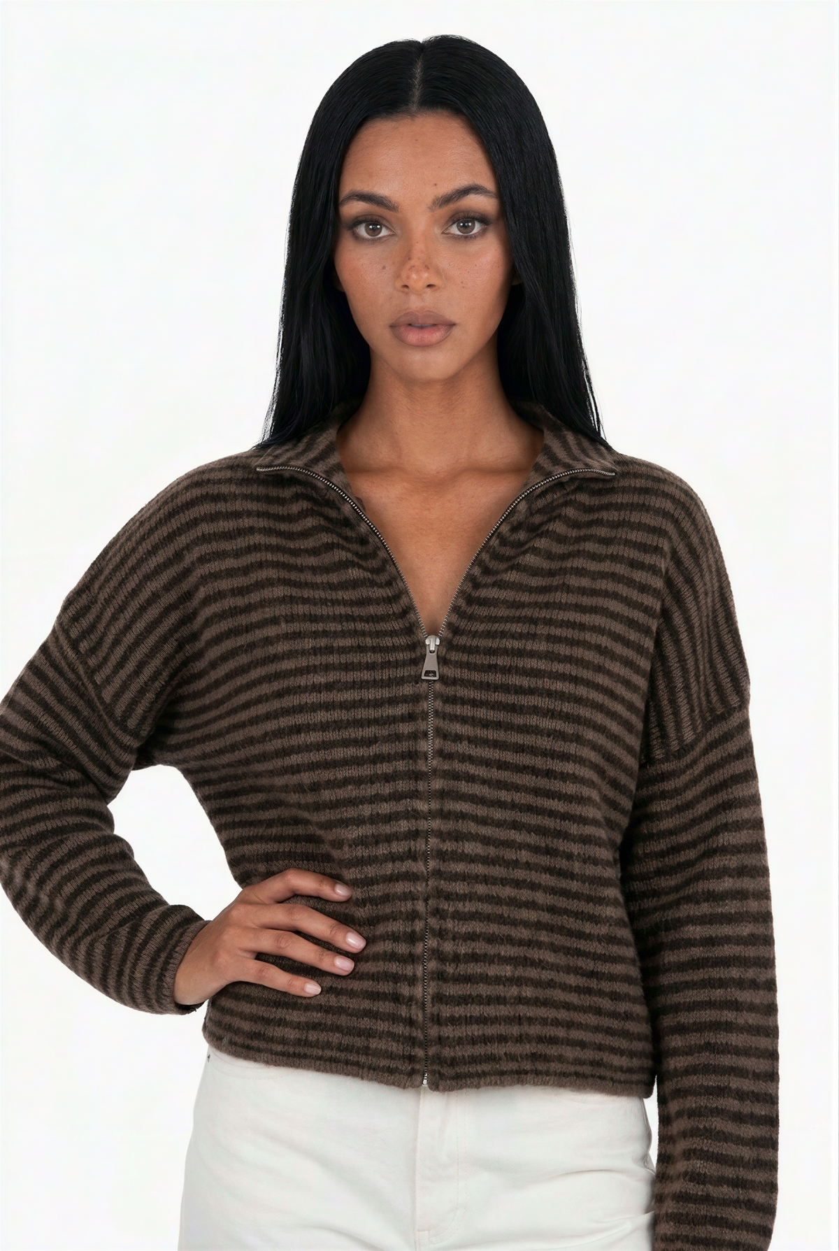 Brown Striped Zip Funnel Cardigan