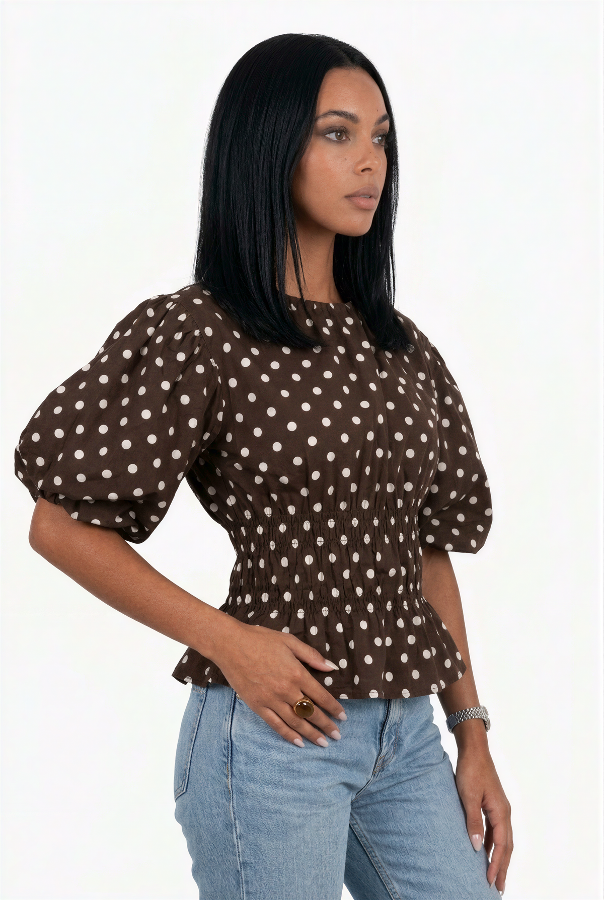Brown Polka Dot Puff-Sleeve Peplum Top
