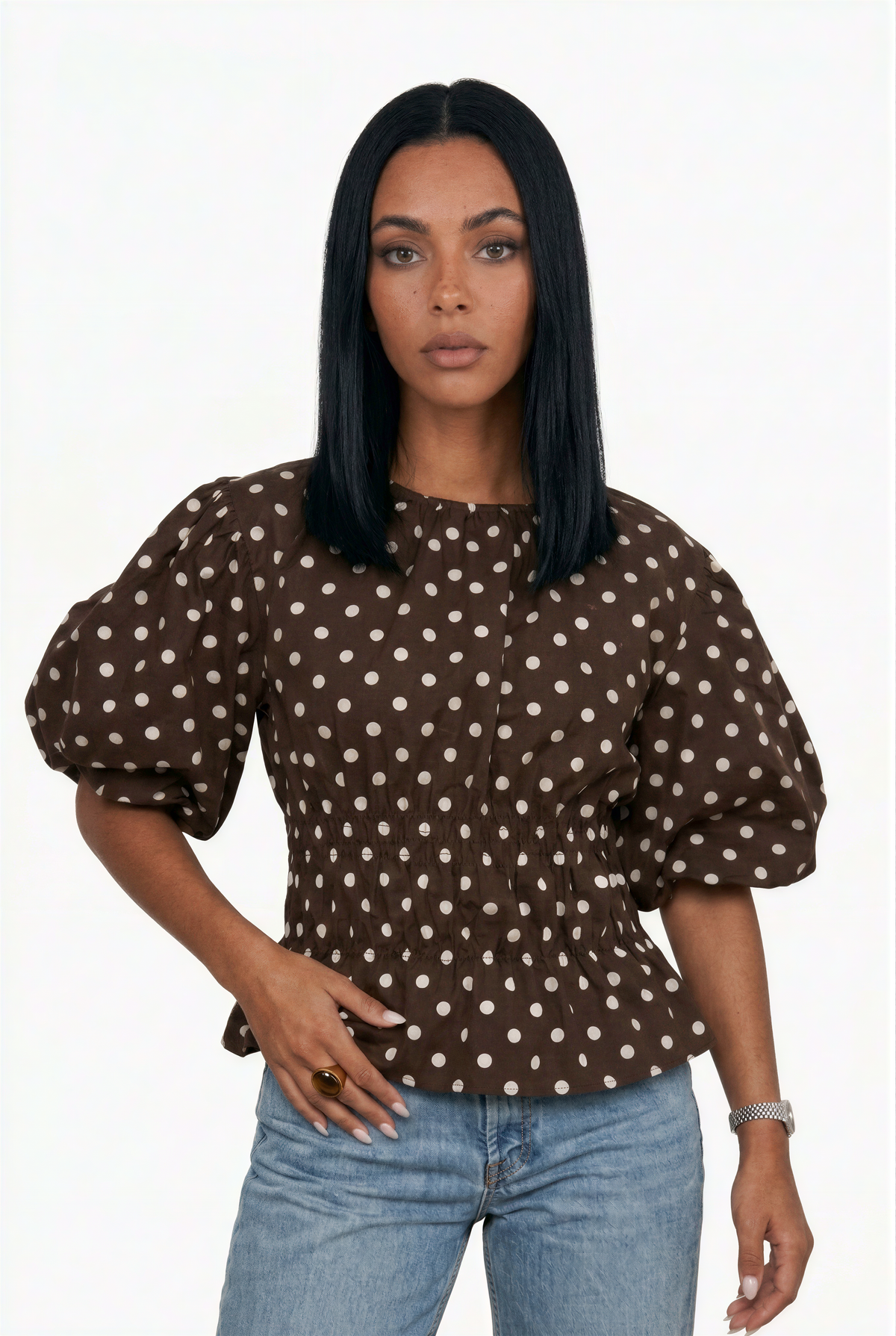 Brown Polka Dot Puff-Sleeve Peplum Top