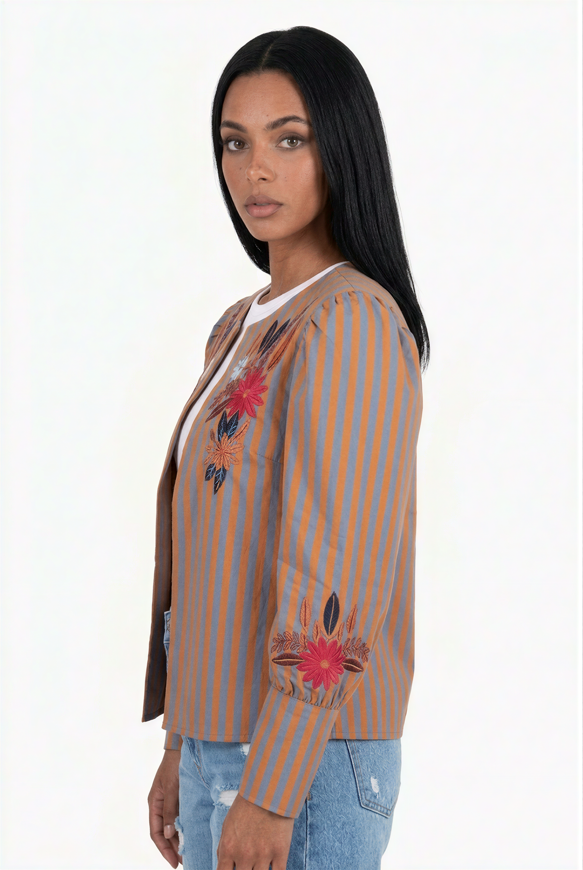 Striped Floral Embroidered Open-Front Jacket