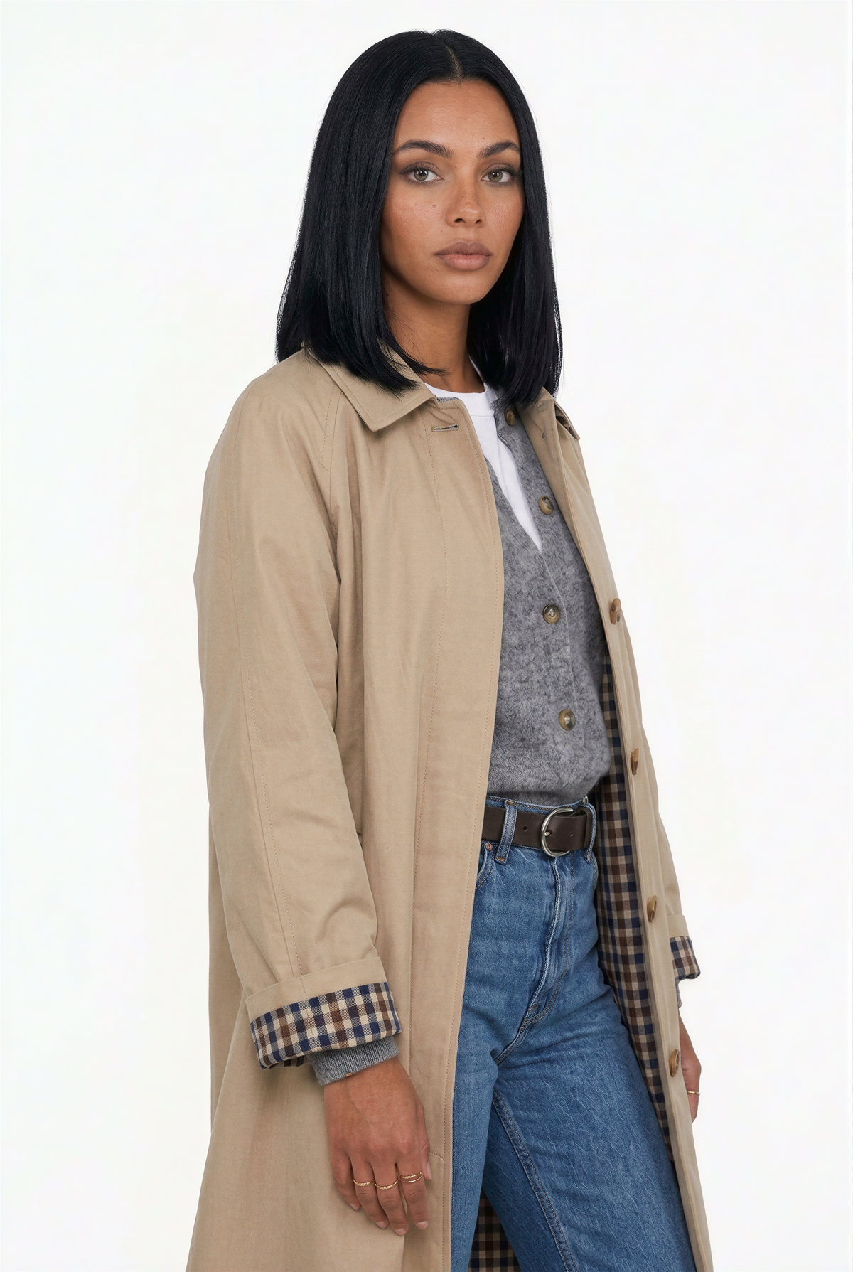 Classic Beige Single-Breasted Coat with Plaid Cuffs