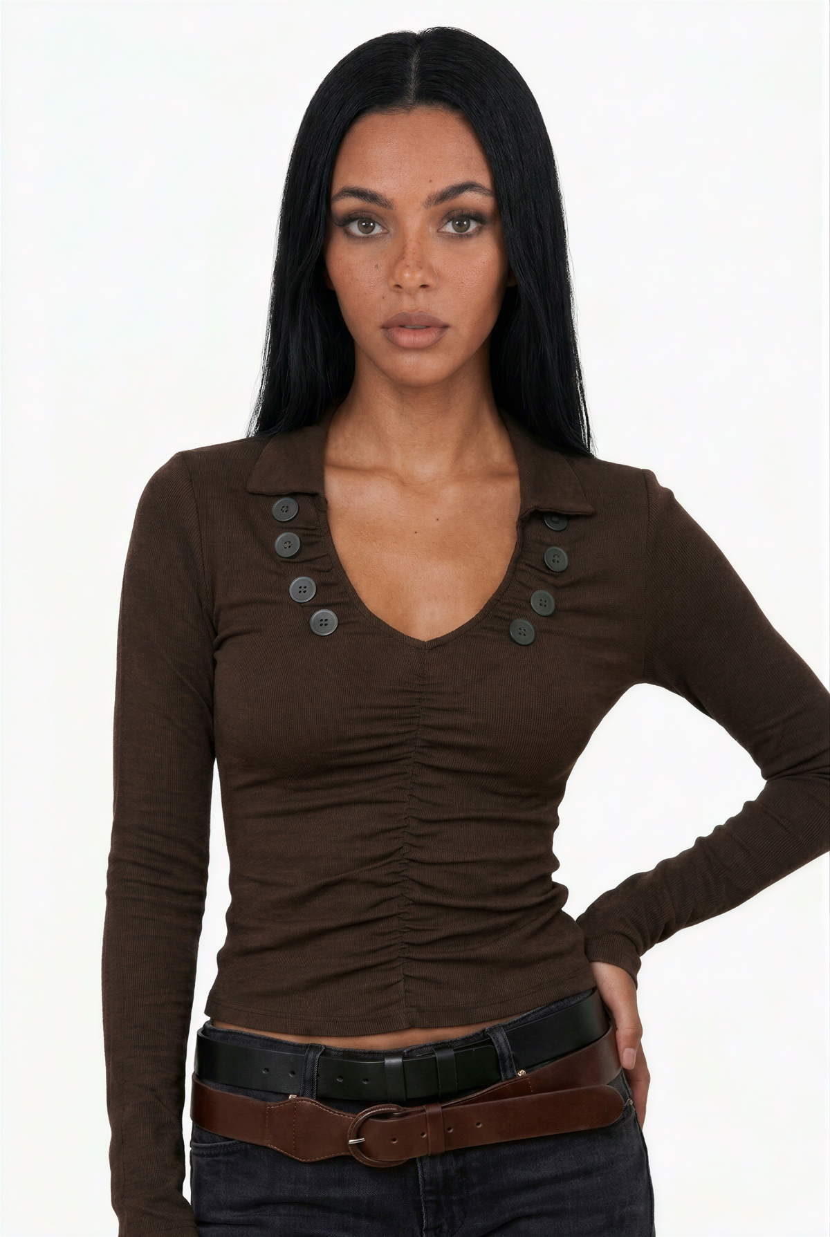 Brown Ruched Button-Accent V-Neck Long-Sleeve Top