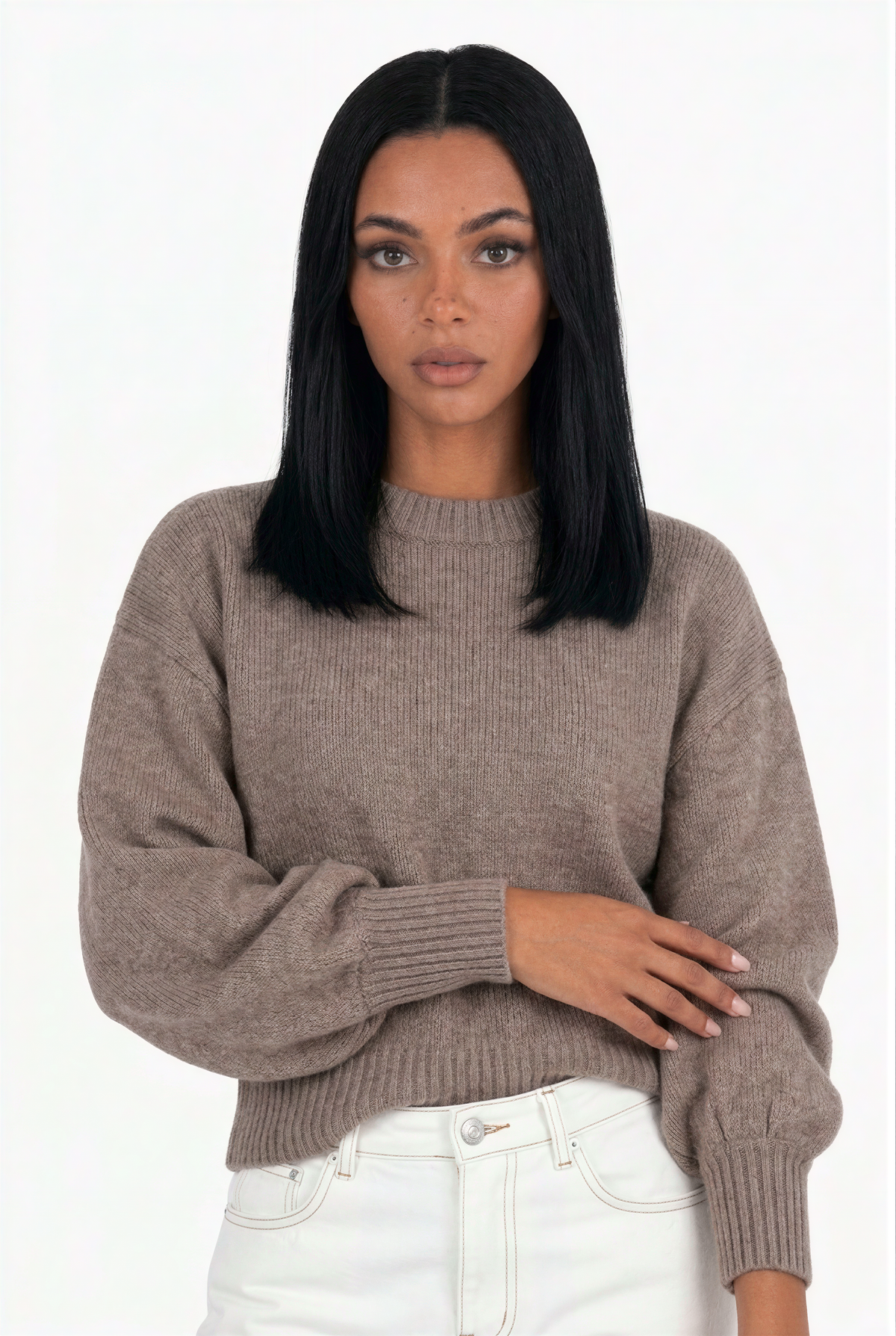 Taupe Balloon Sleeve Knit Sweater