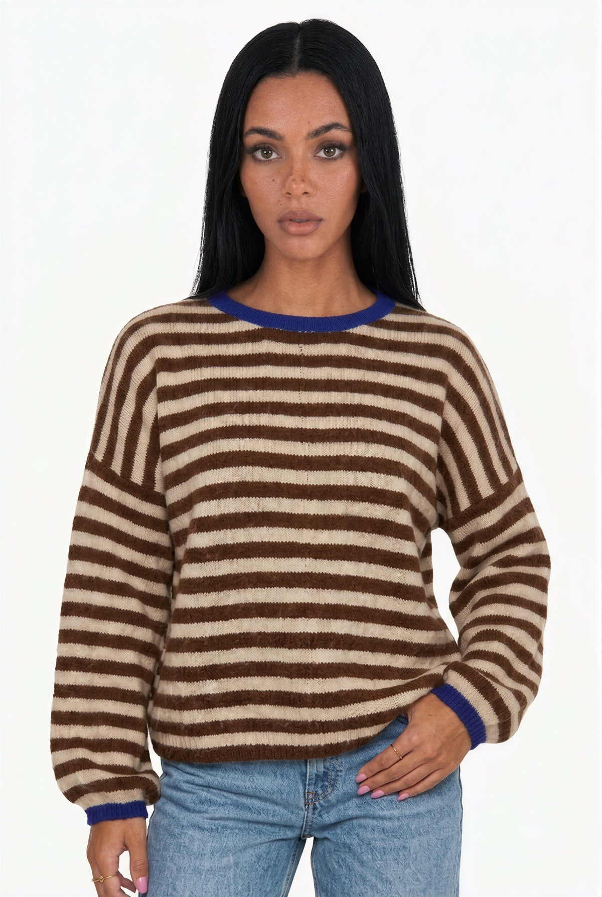 Contrast Trim Striped Crew Neck Sweater