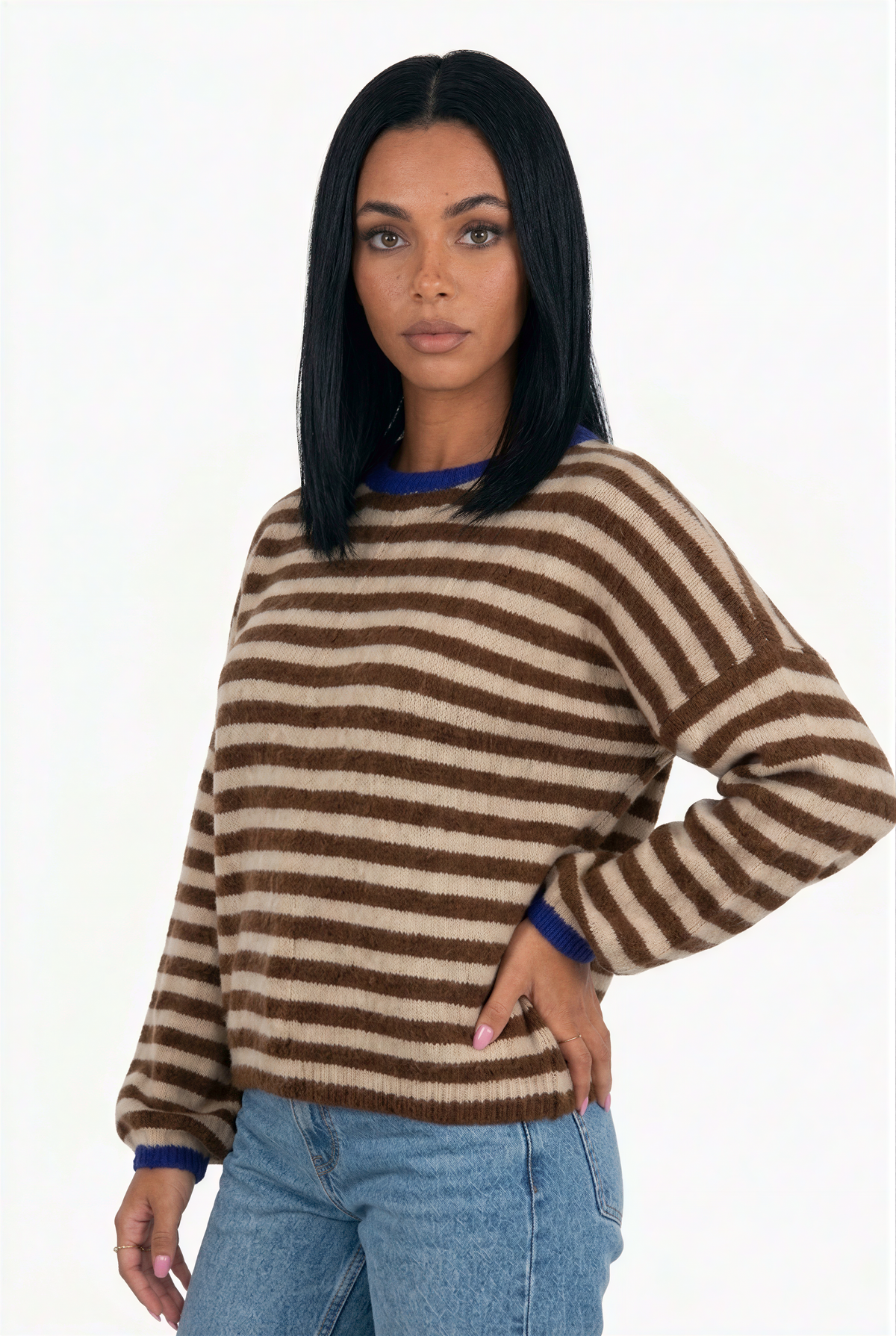 Contrast Trim Striped Crew Neck Sweater