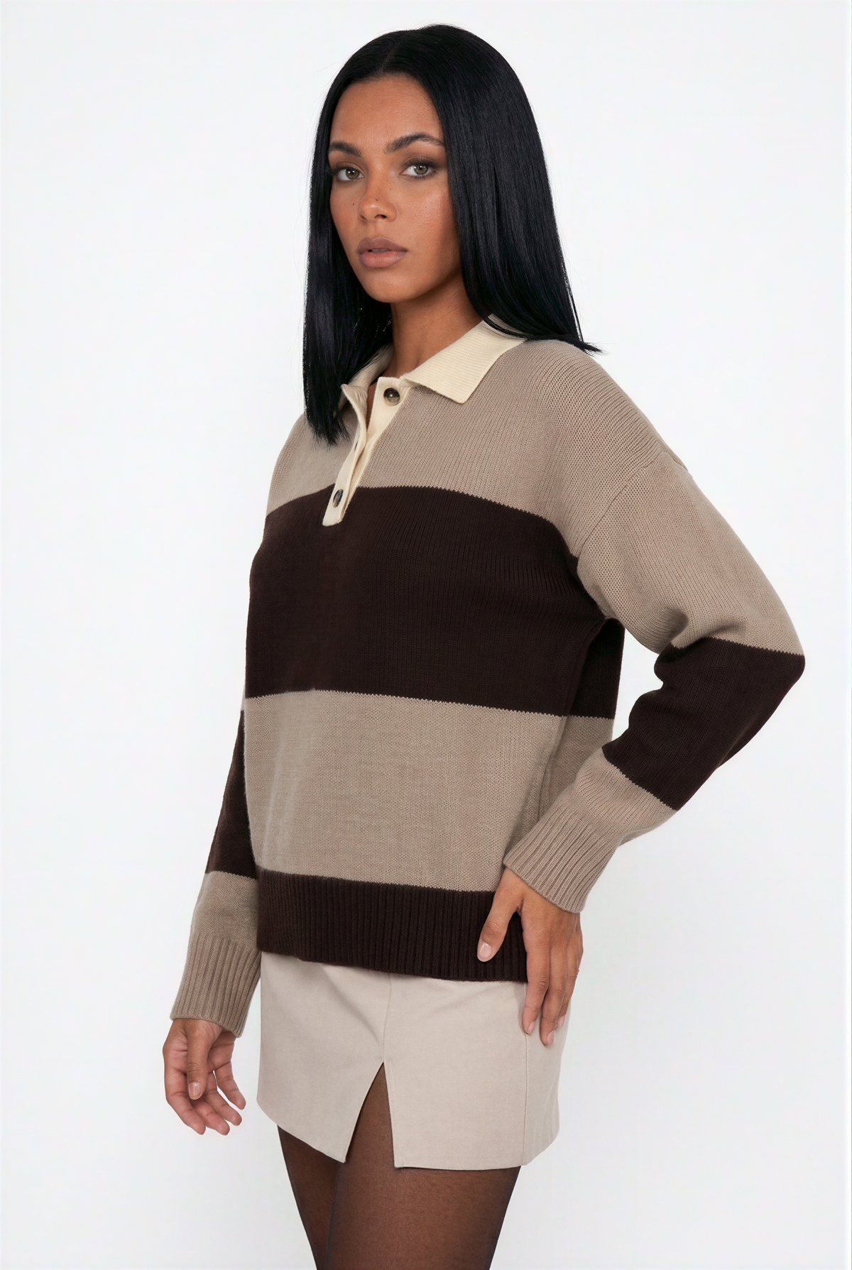 Relaxed Fit Half-Button Striped Sweater
