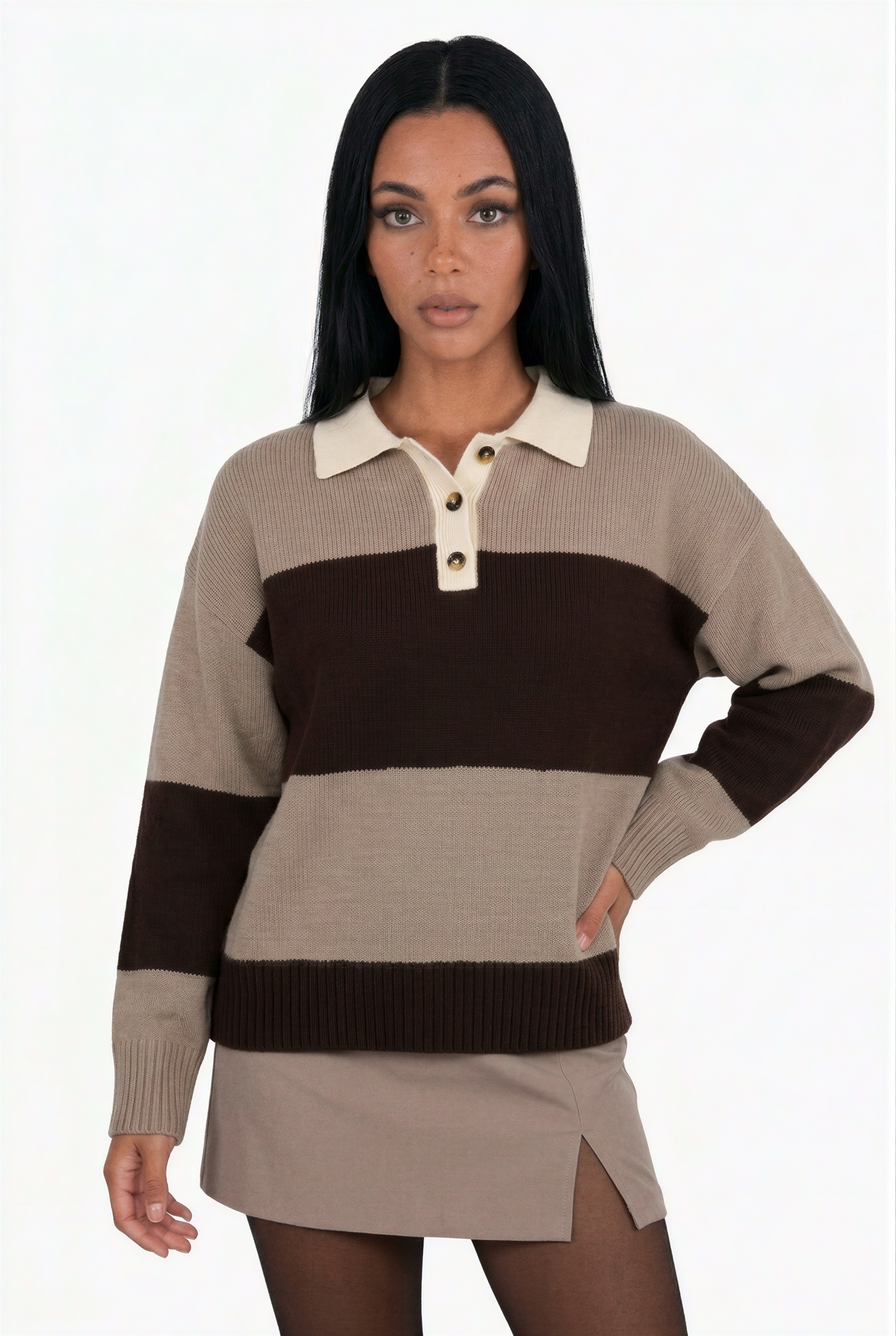 Relaxed Fit Half-Button Striped Sweater