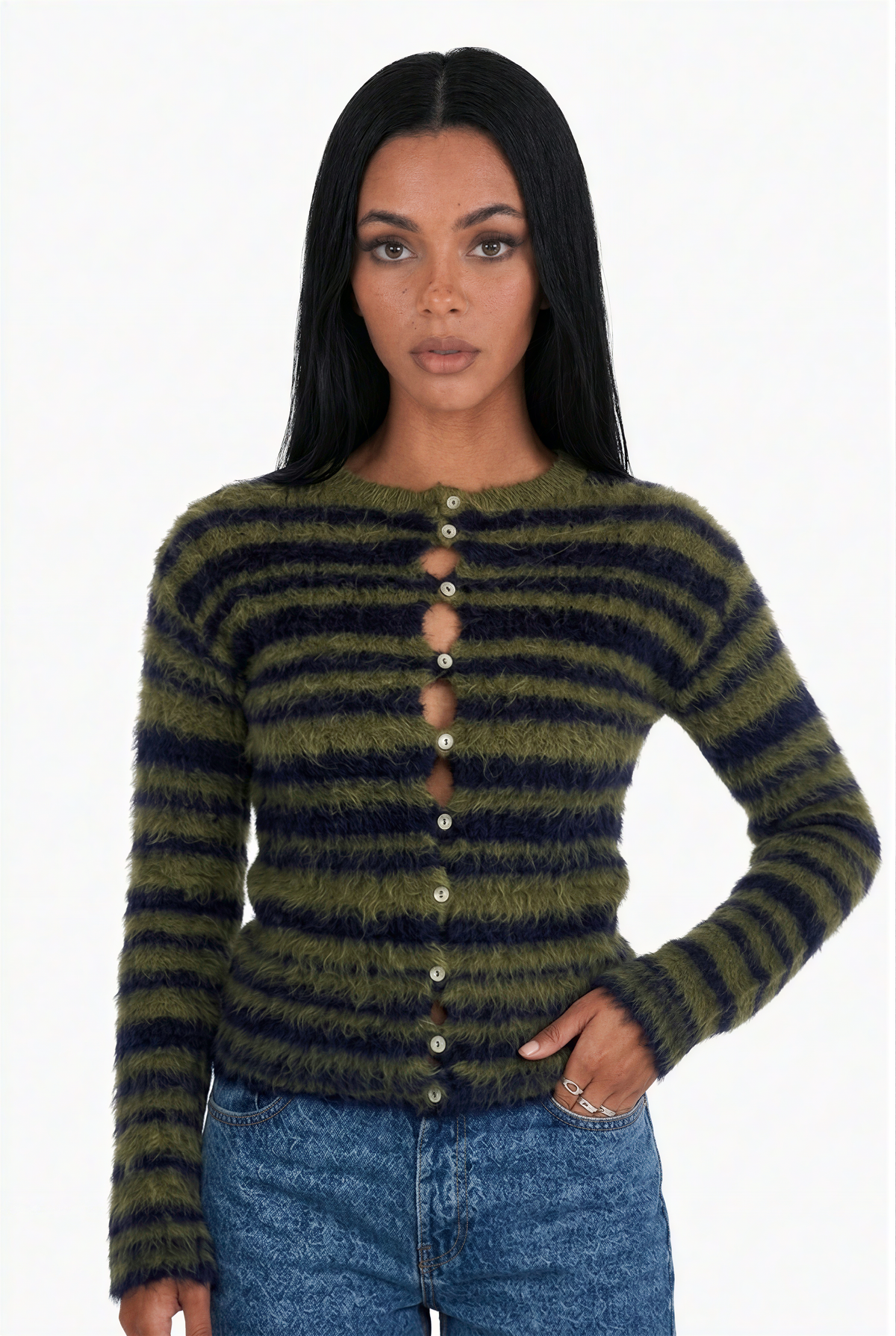 Fluffy Long-Sleeve Striped Cardigan