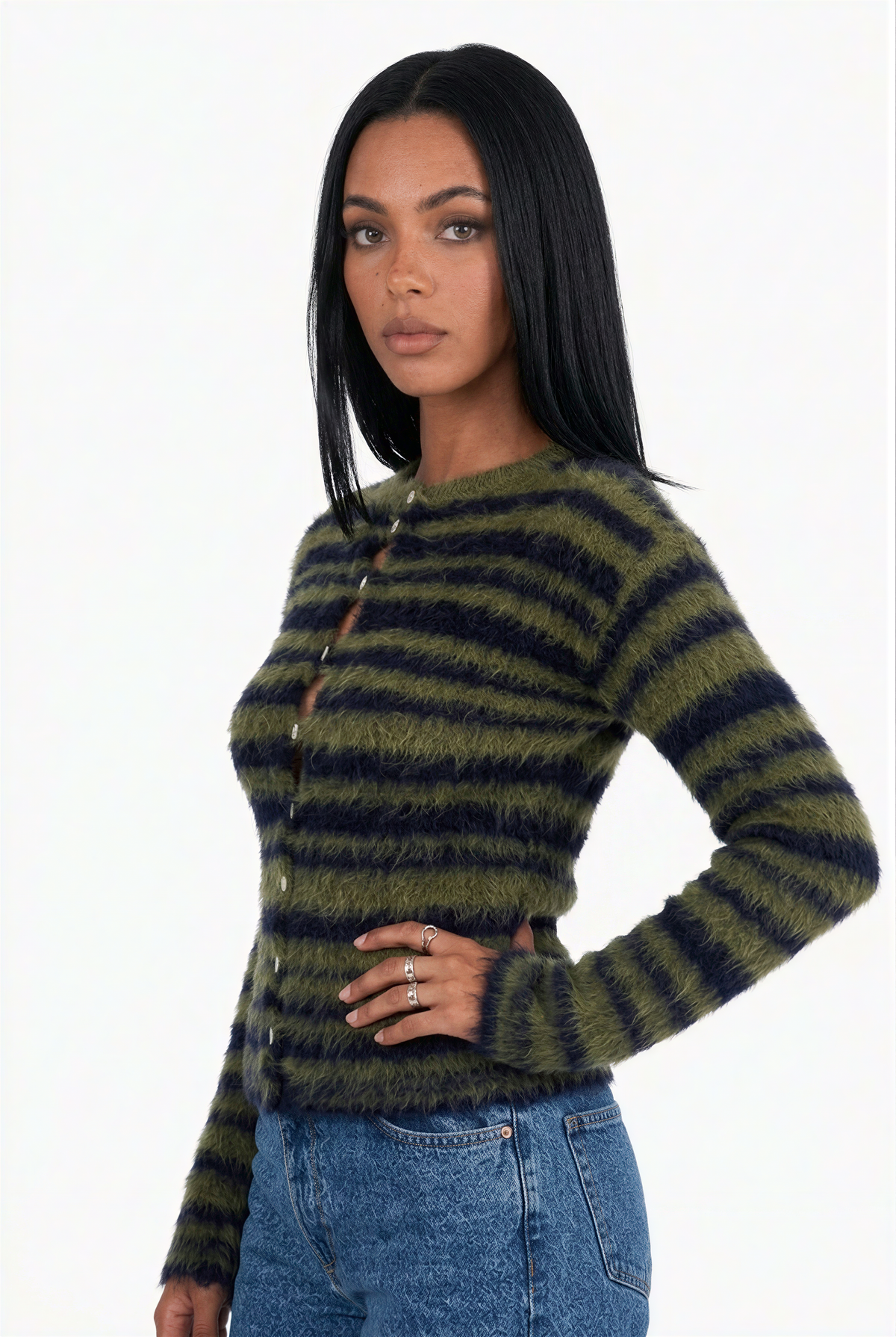 Fluffy Long-Sleeve Striped Cardigan