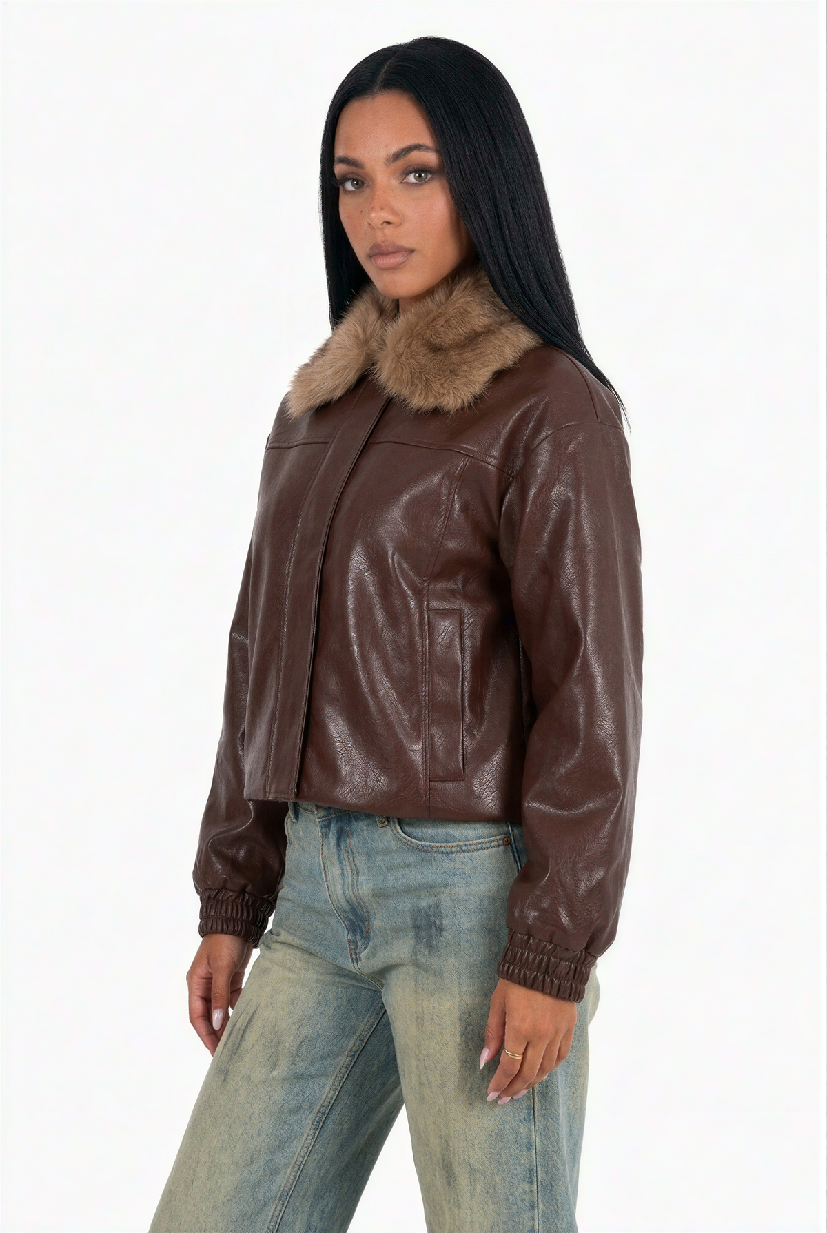Textured Faux Leather Zip-Up Jacket