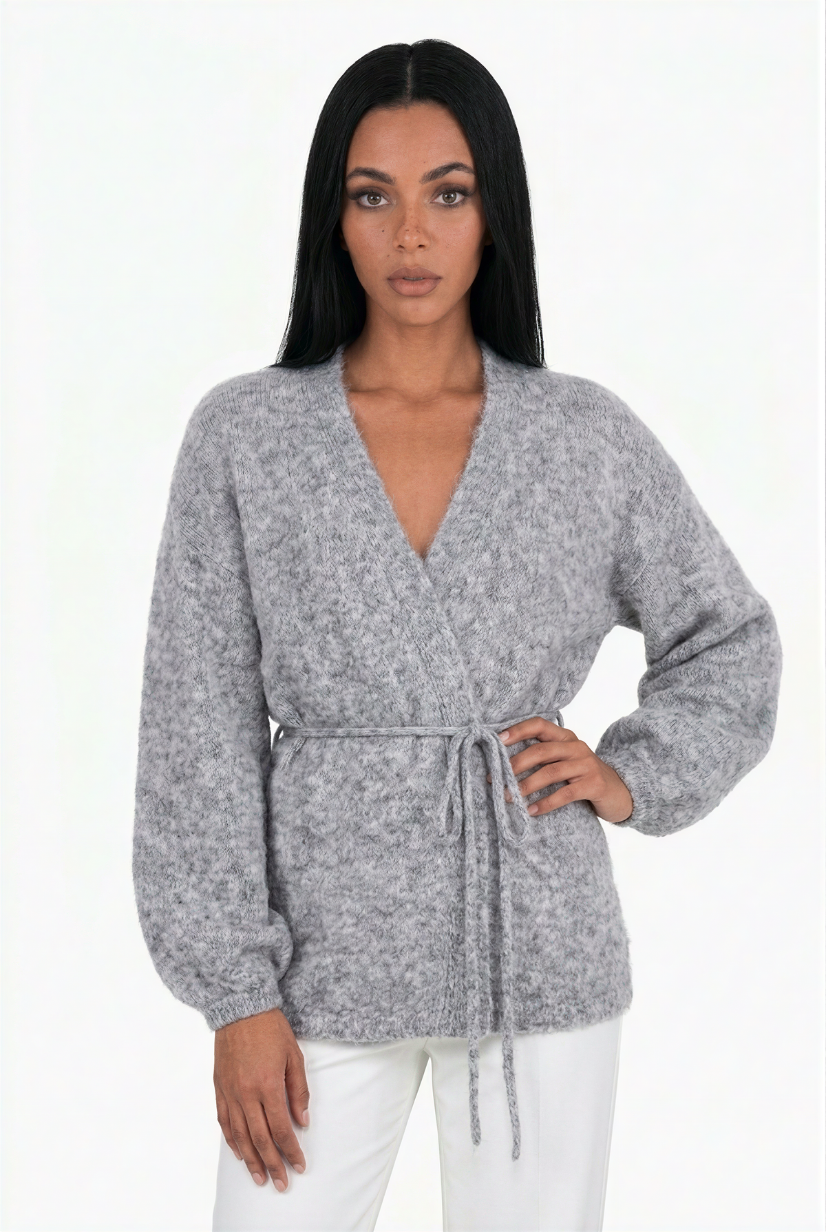 Grey Belted V-Neck Cardigan