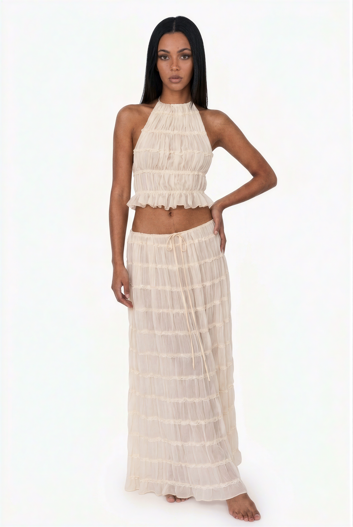 Cream Maxi Skirt & Top Set    HALTER NECK
