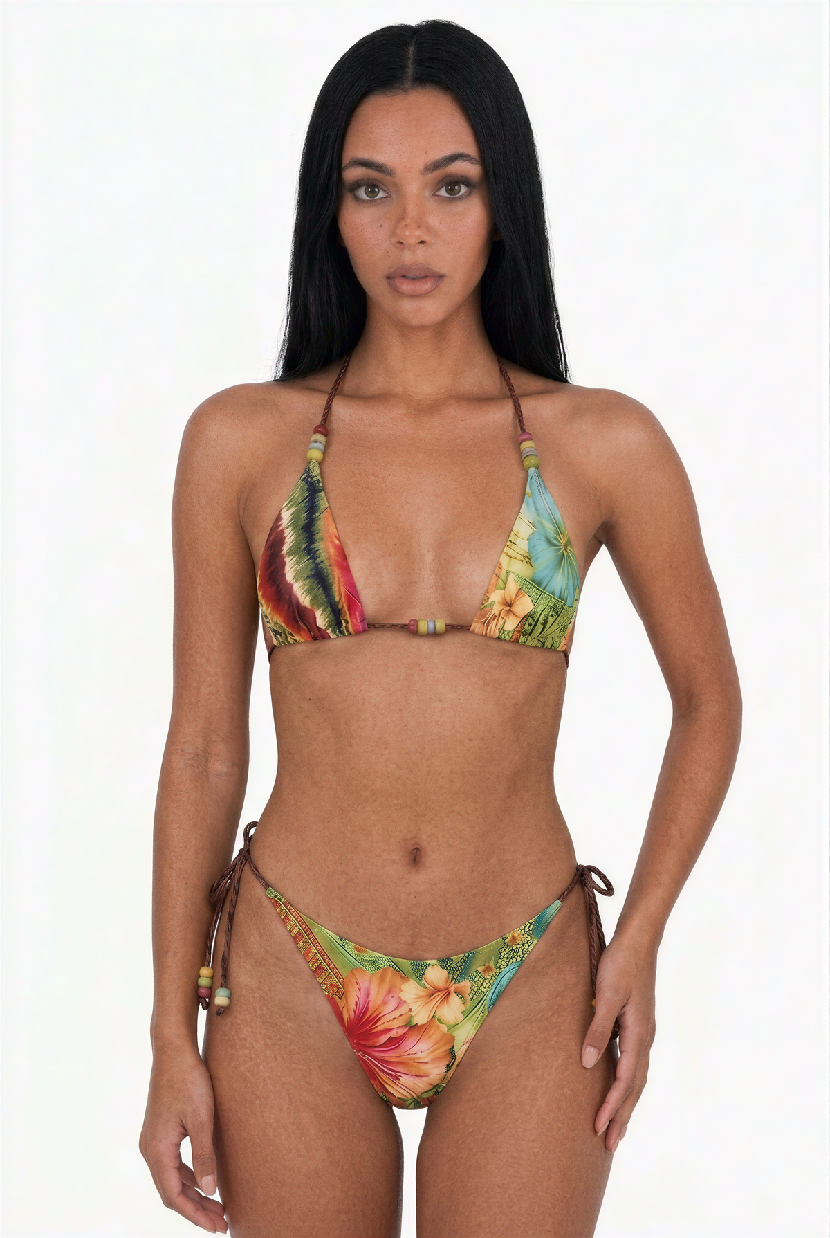 Mixed-Print Botanical Tie-Side String Bikini