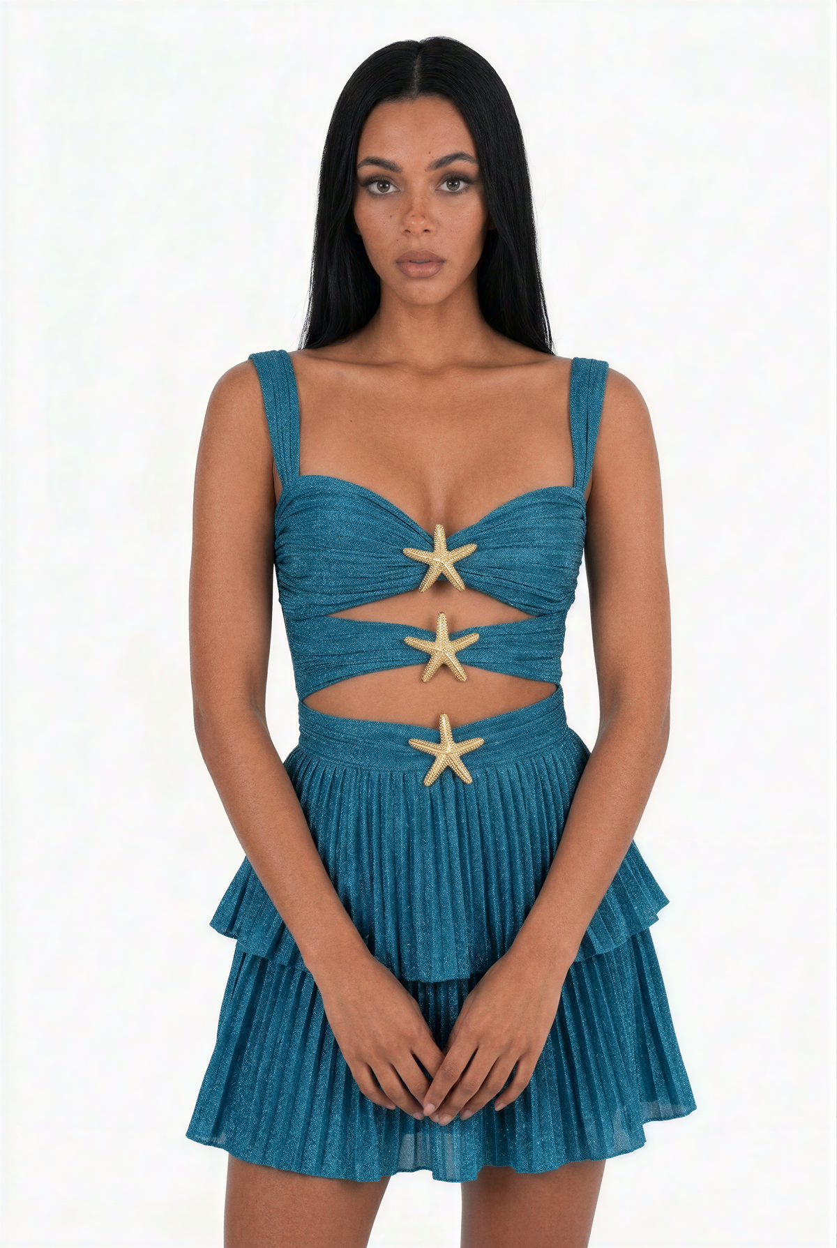 Rust Red Starfish Cutout Ruffle Mini Dress