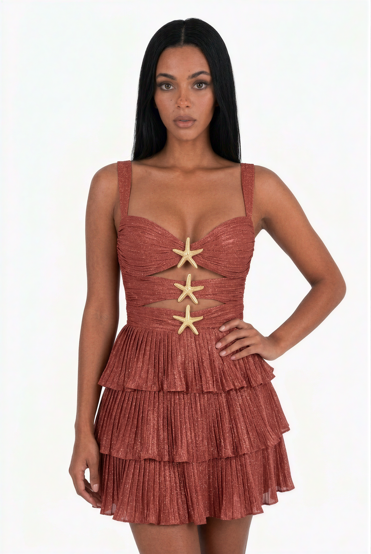 Rust Red Starfish Cutout Ruffle Mini Dress