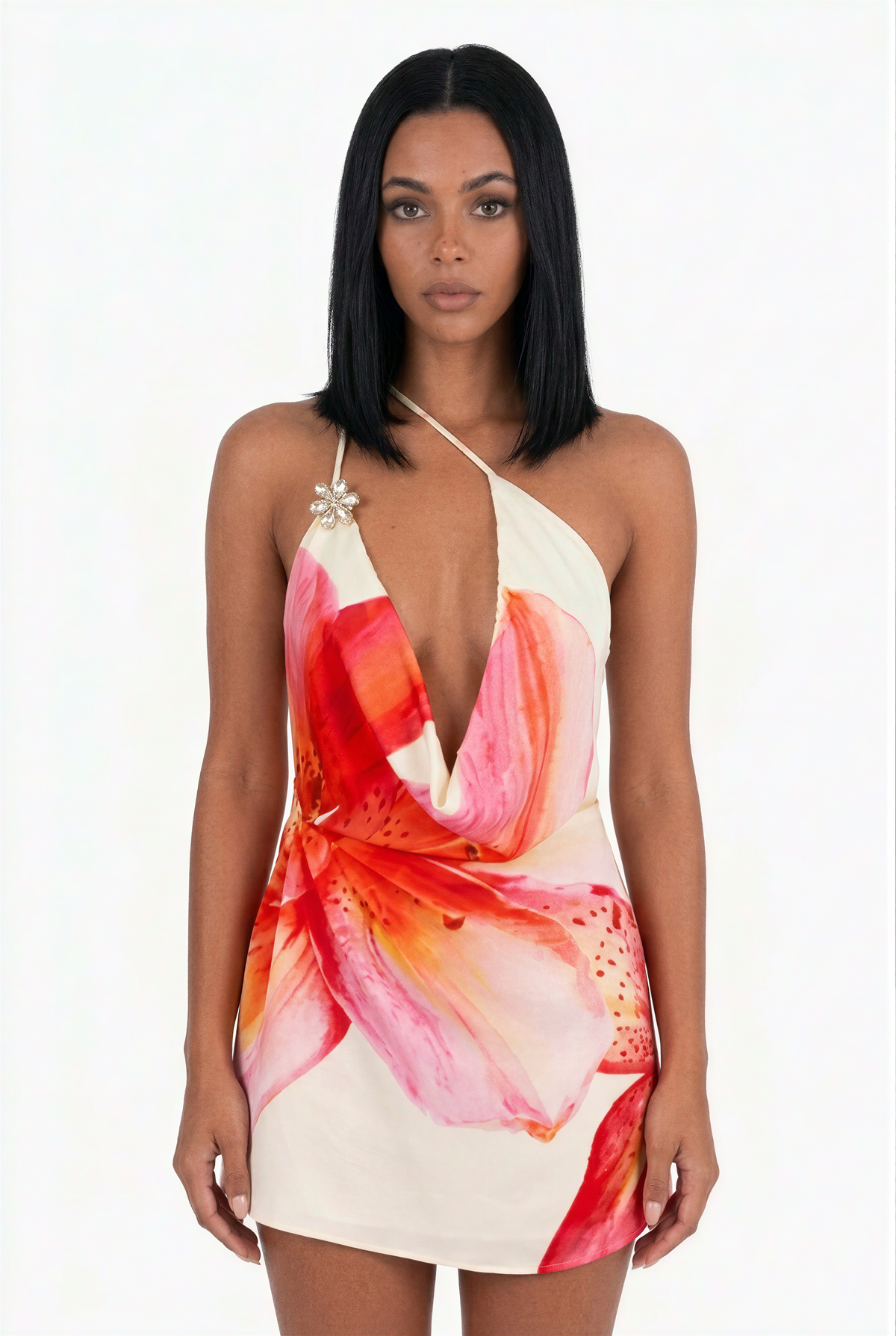 Pink Floral Cowl Neck Mini Dress