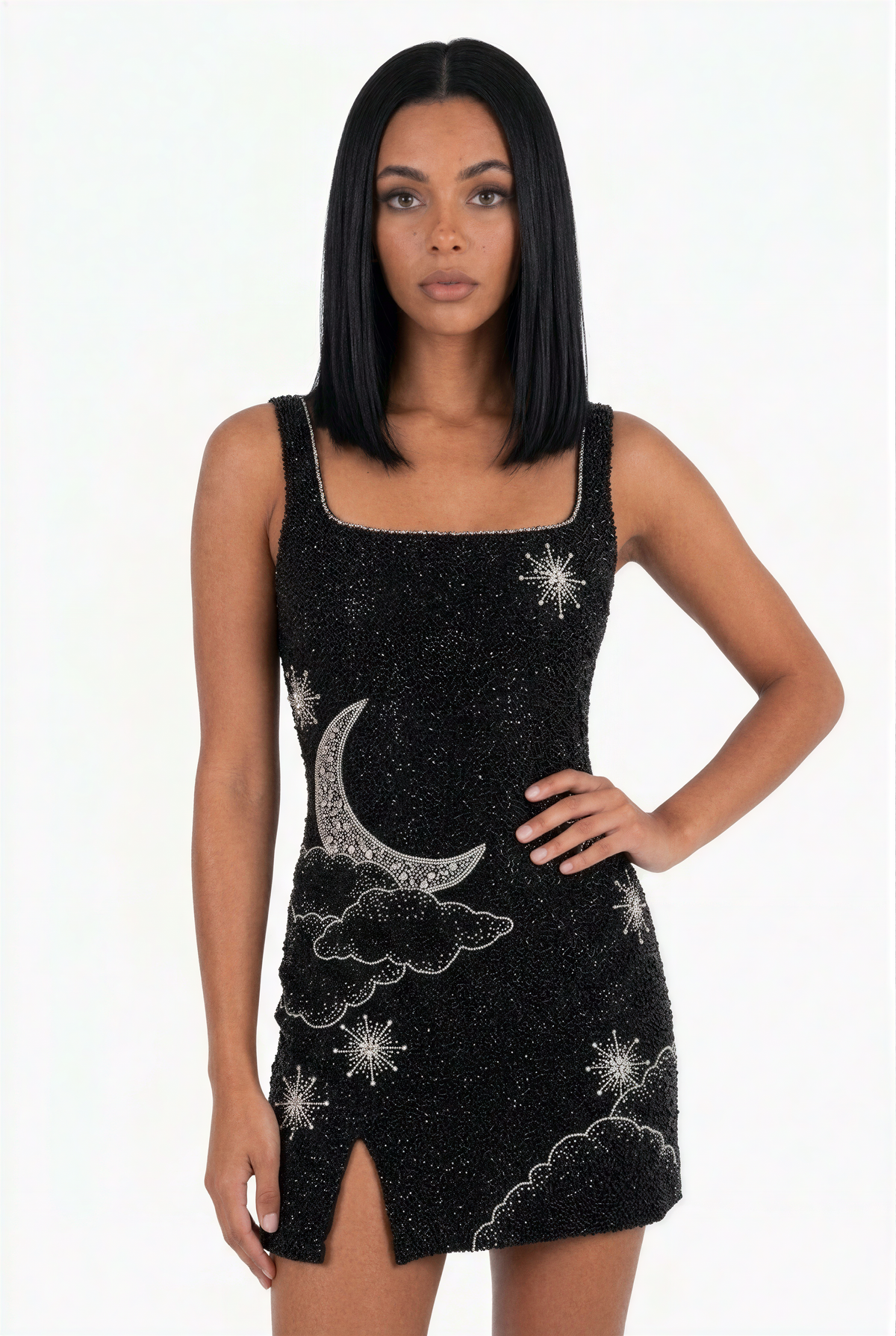 Black Celestial Print Mini Dress MISSING BACK