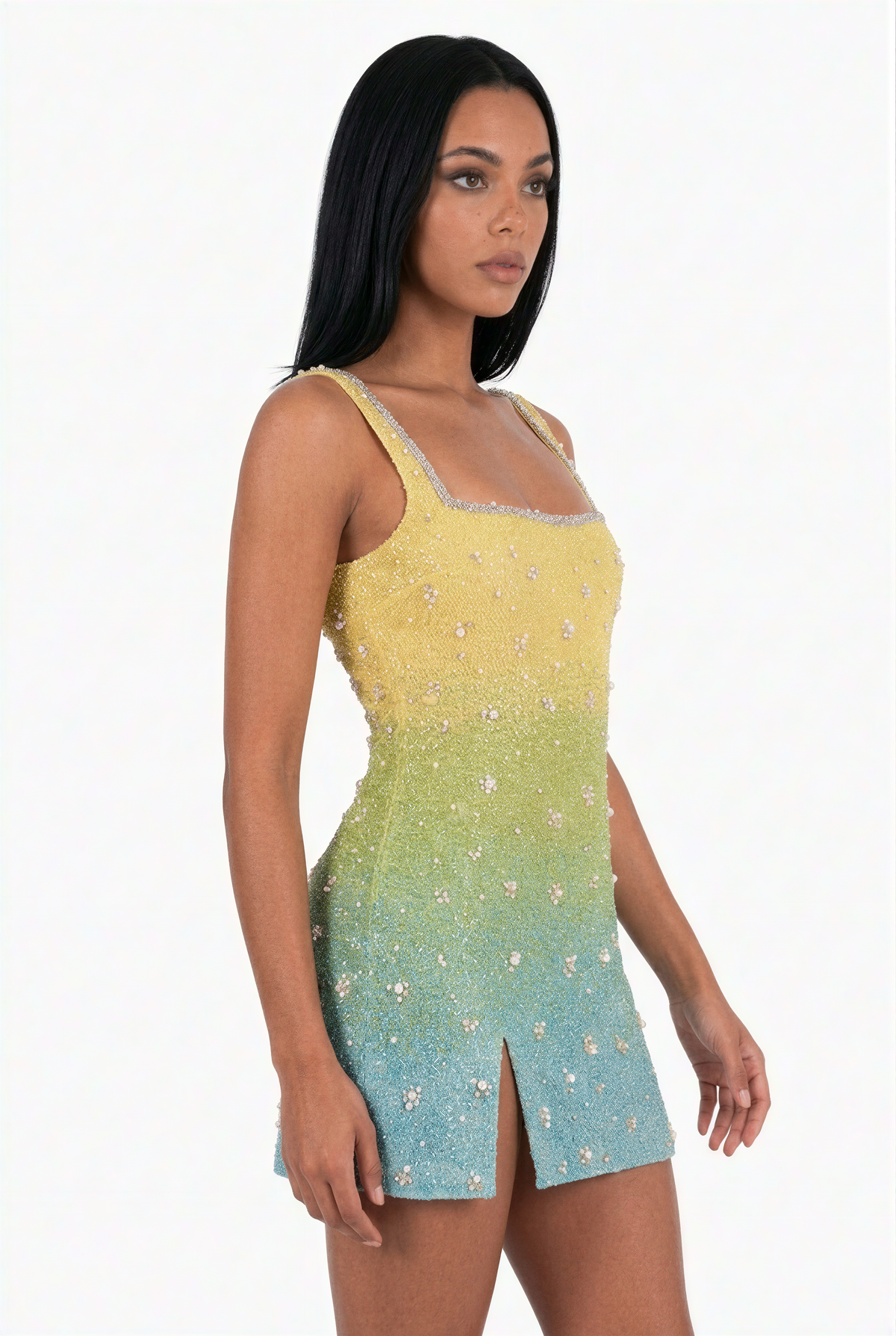 Yellow & Teal Ombre Embellished Mini Dress