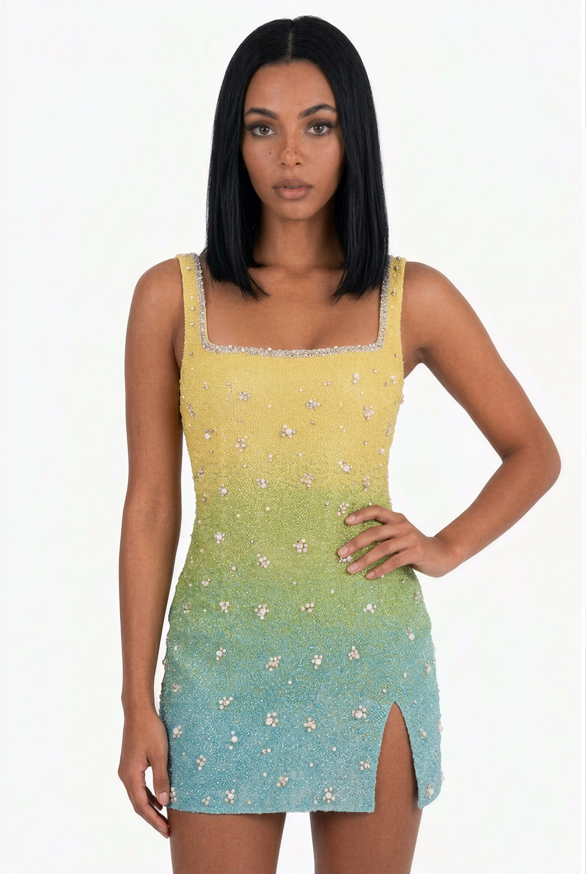 Yellow & Teal Ombre Embellished Mini Dress
