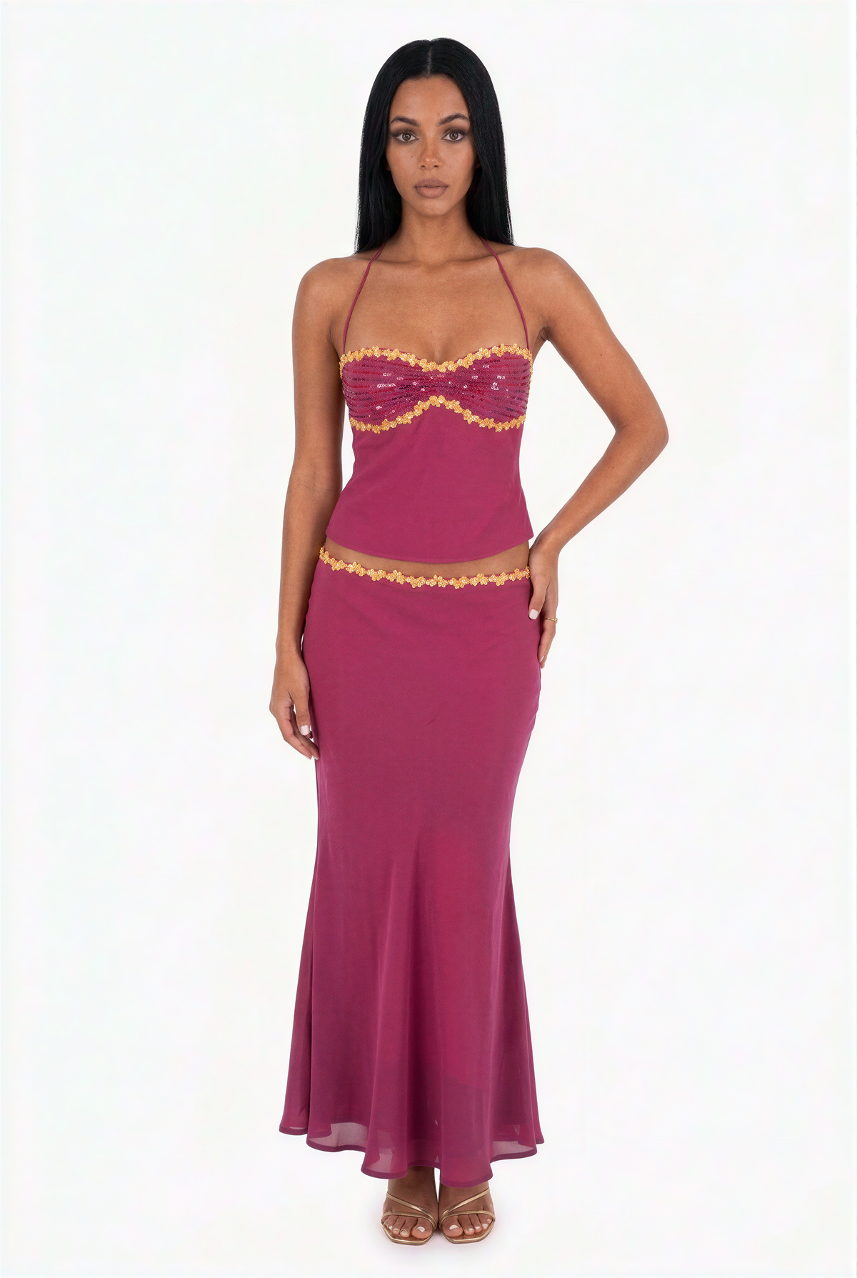 Burgundy Halter Maxi Set