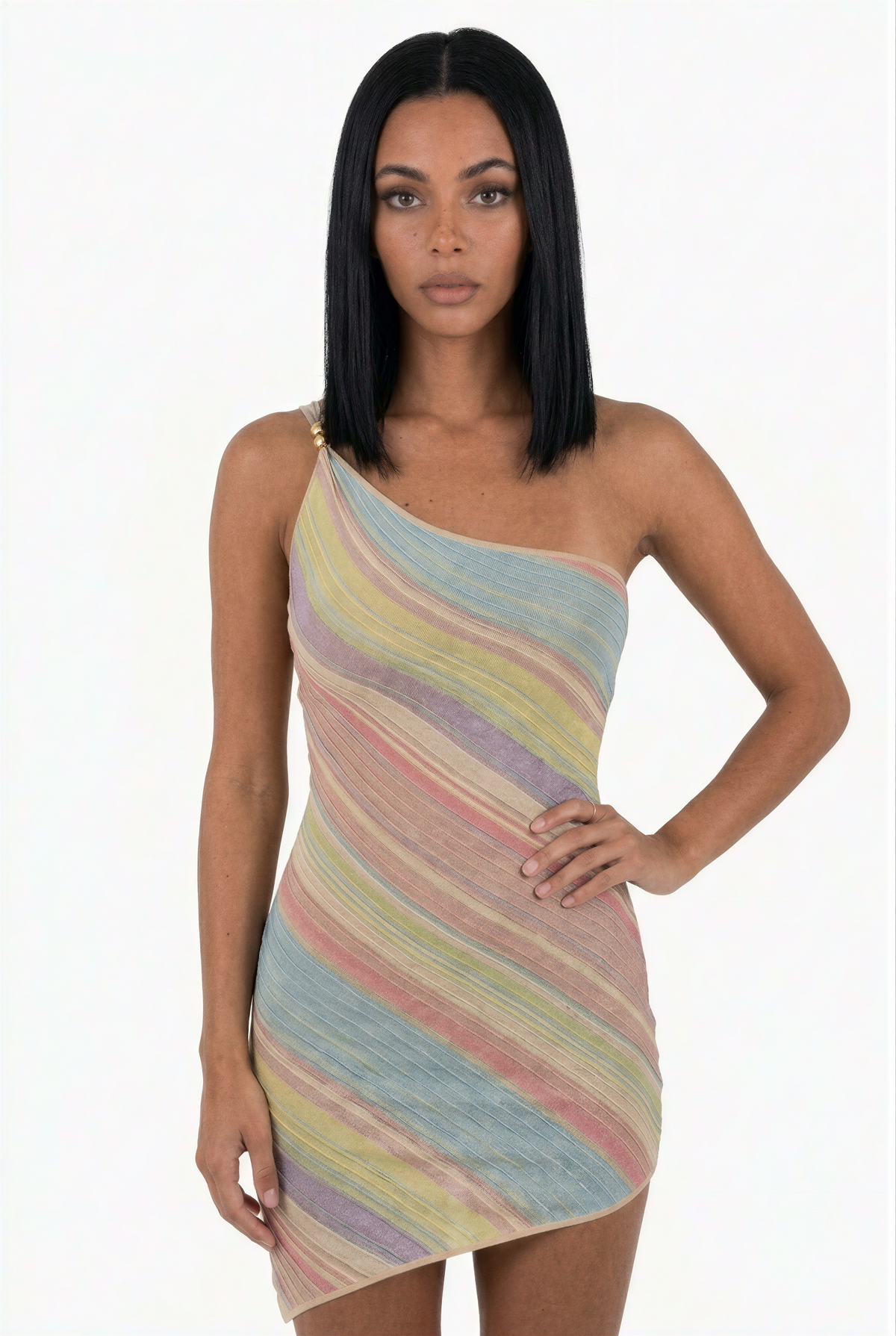 Blue Striped One-Shoulder Mini Dress