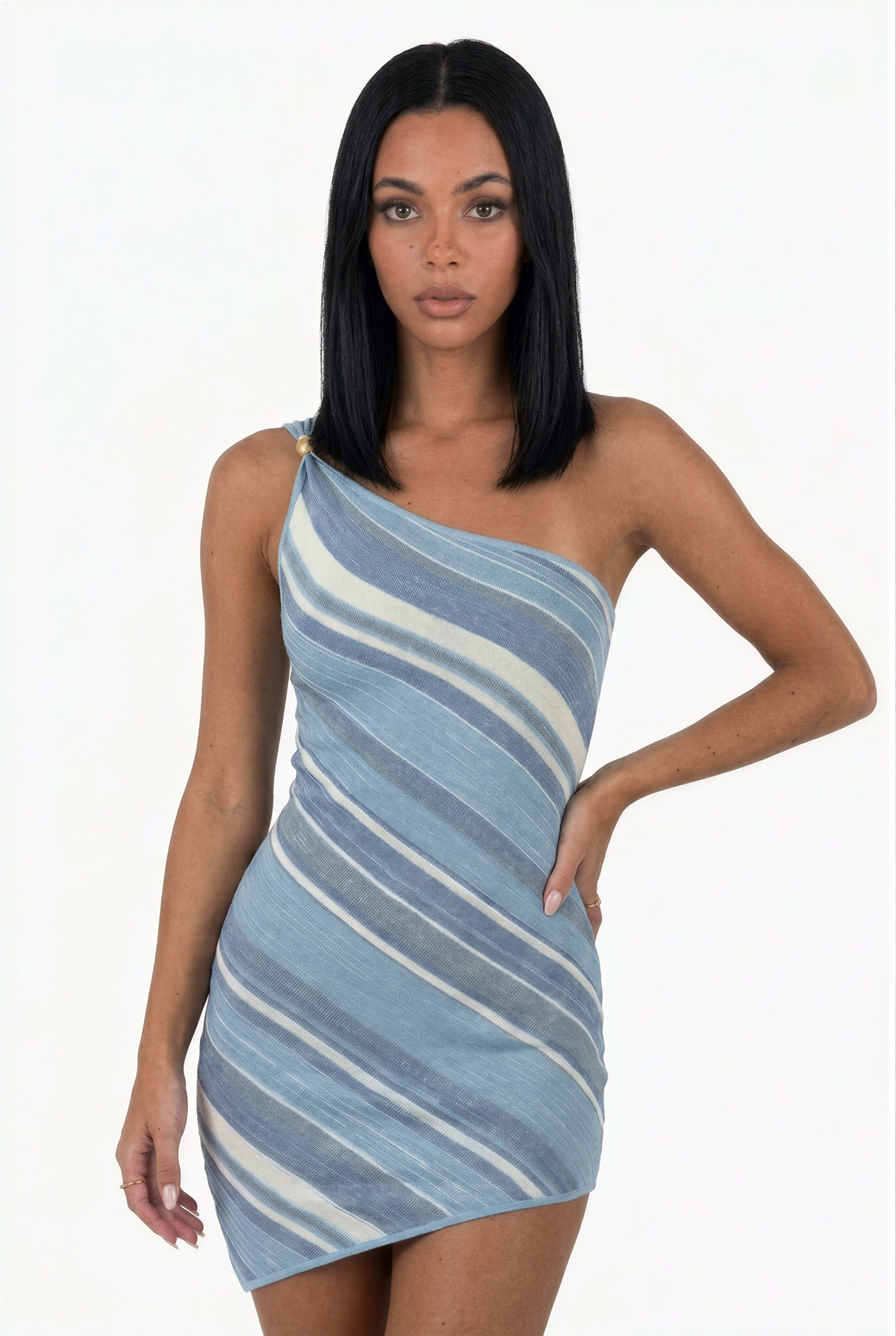 Blue Striped One-Shoulder Mini Dress