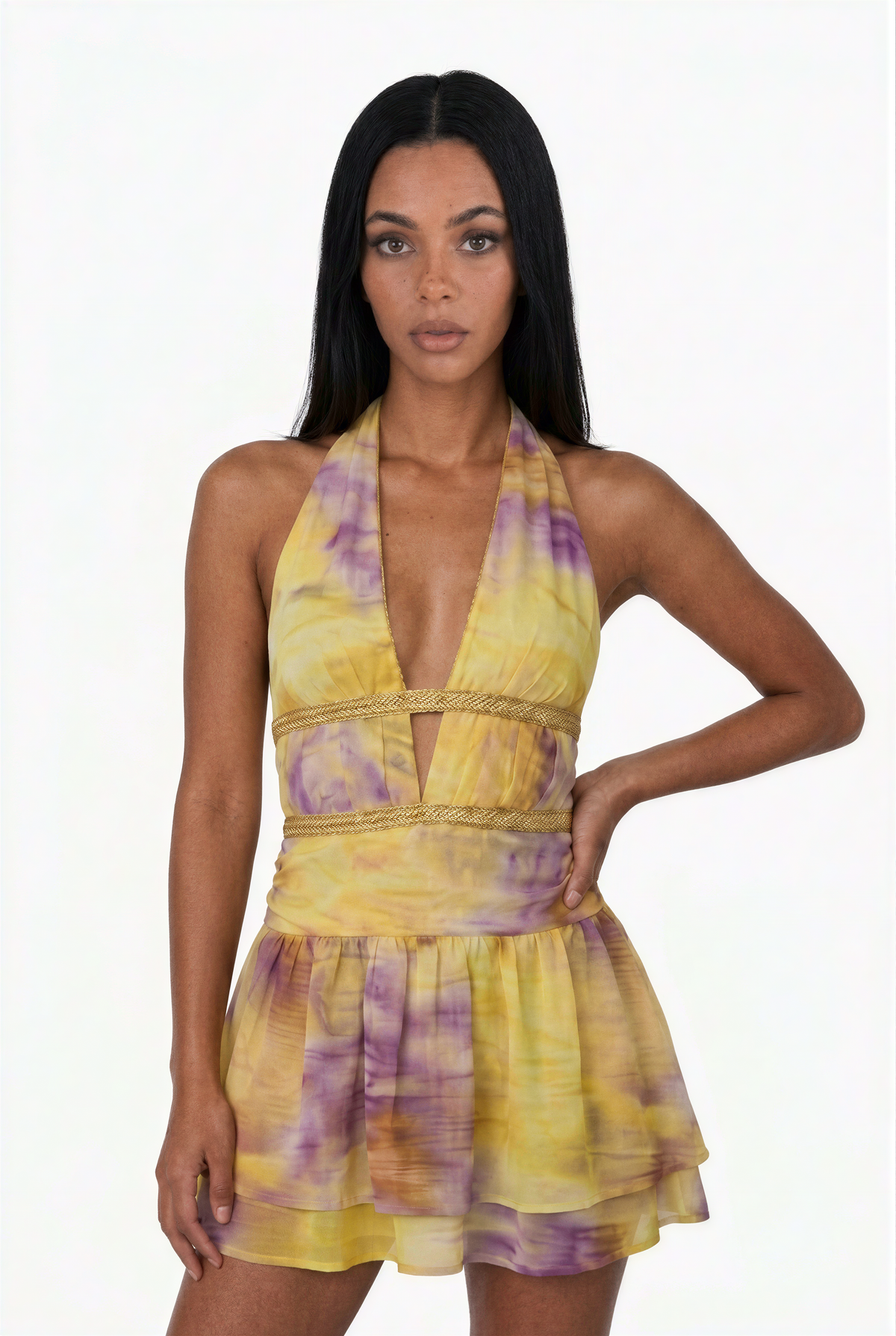 Vibrant Sunset Print Halter Cutout Mini Dress