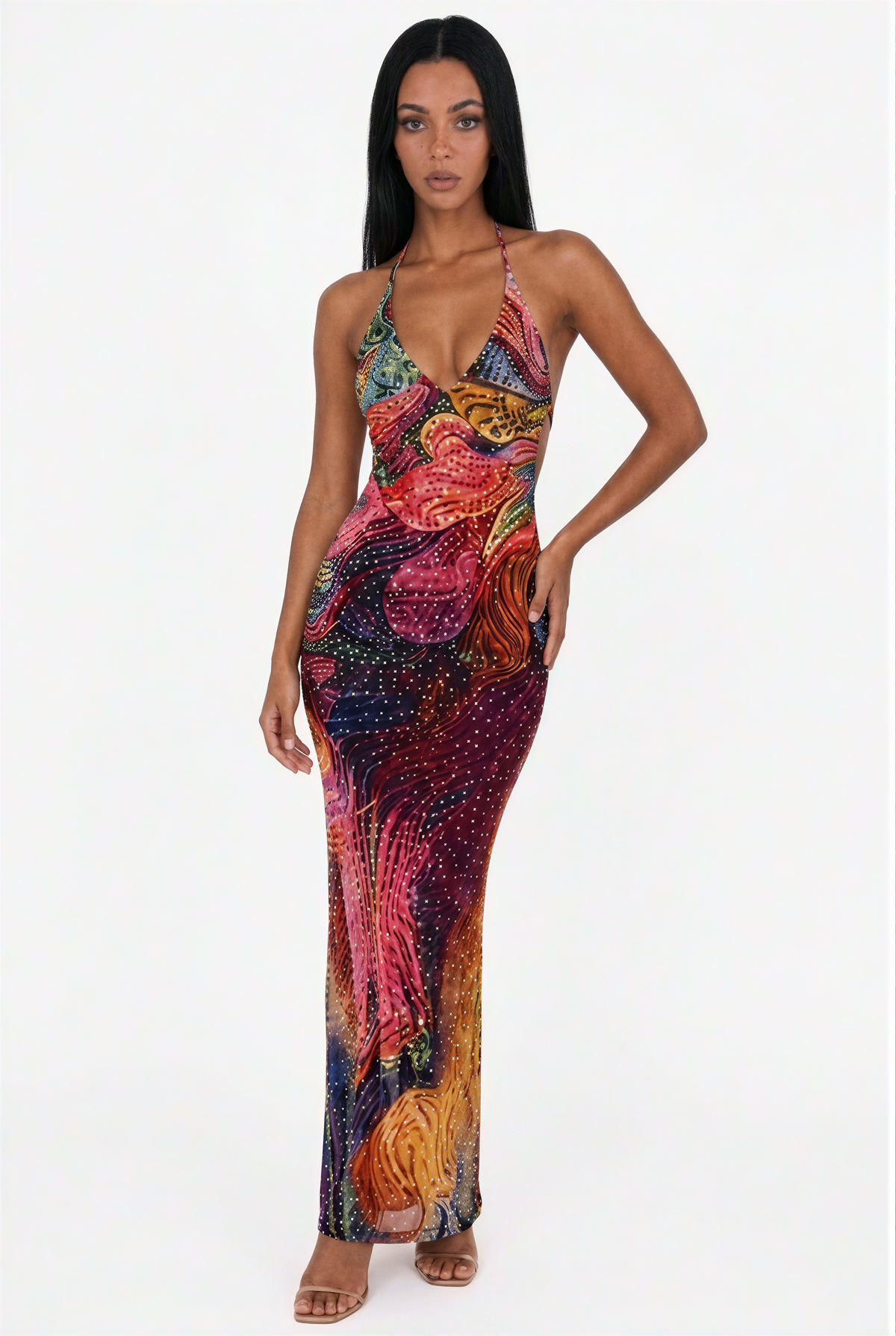 Abstract Psychedelic Mesh Halter Maxi Dress