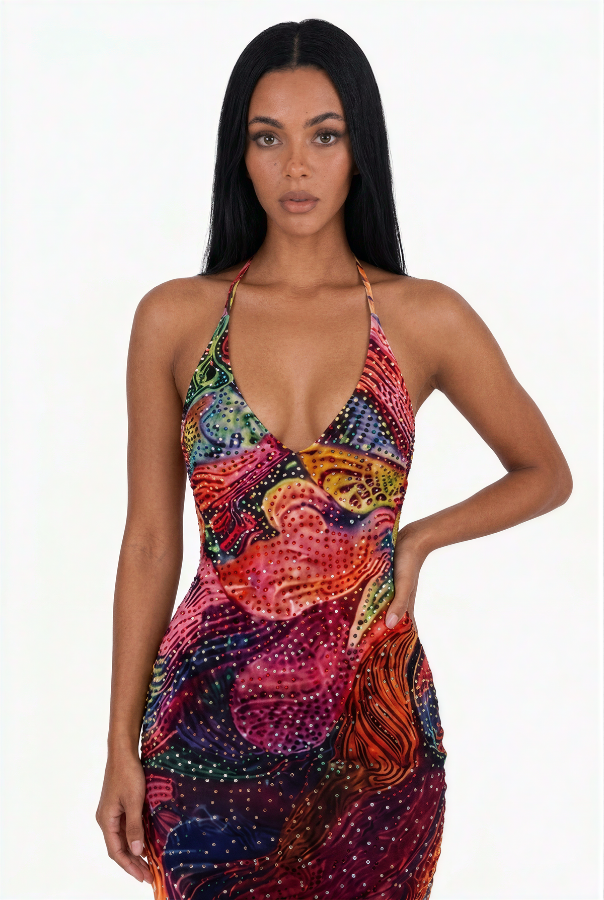 Abstract Psychedelic Mesh Halter Maxi Dress