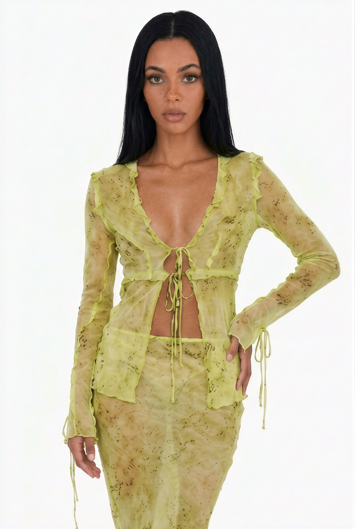 Sheer Abstract Print Tie-Front Maxi Set