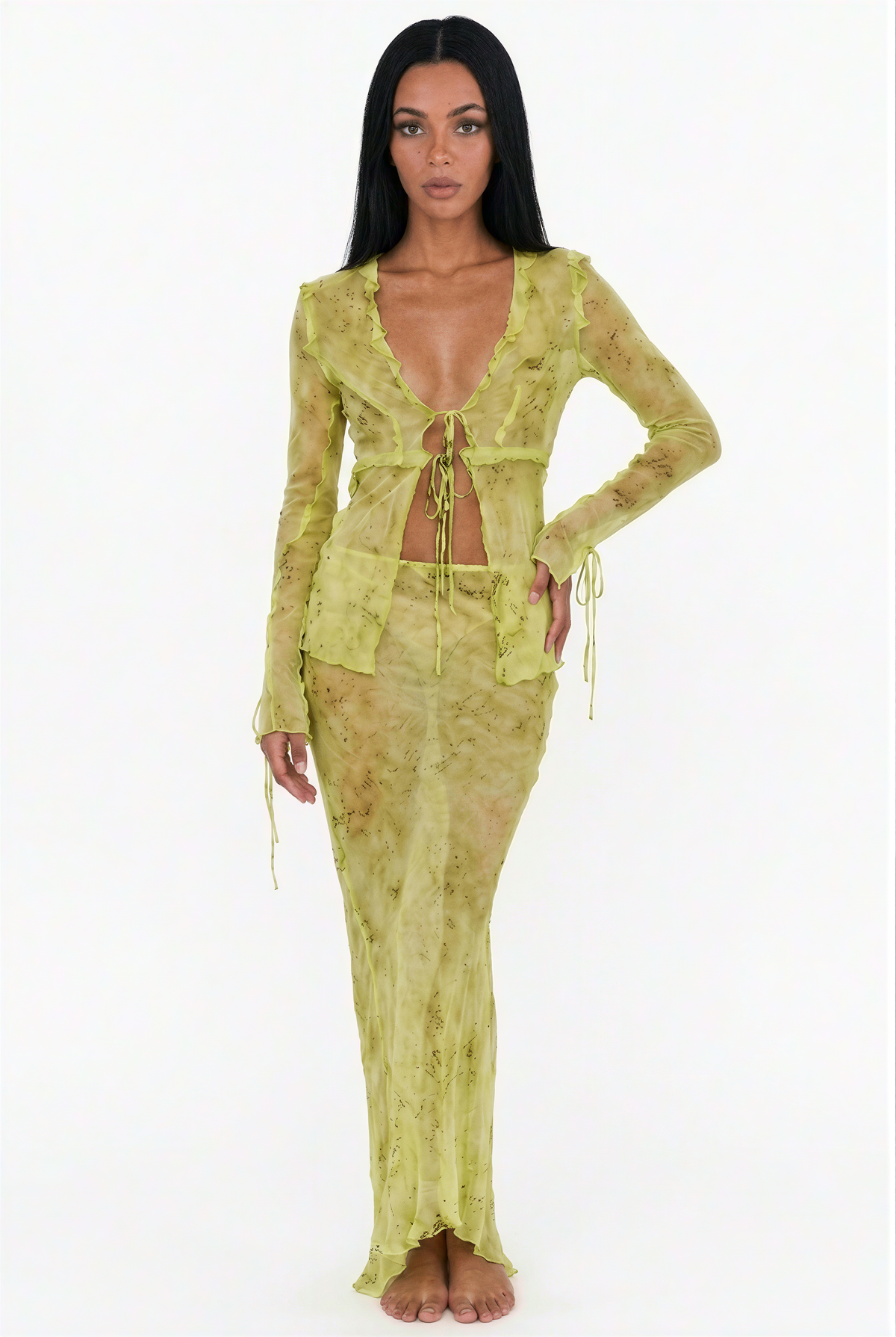 Sheer Abstract Print Tie-Front Maxi Set