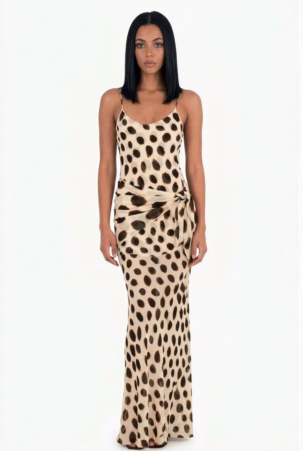 Spotted Tie-Waist Slip Maxi Dress