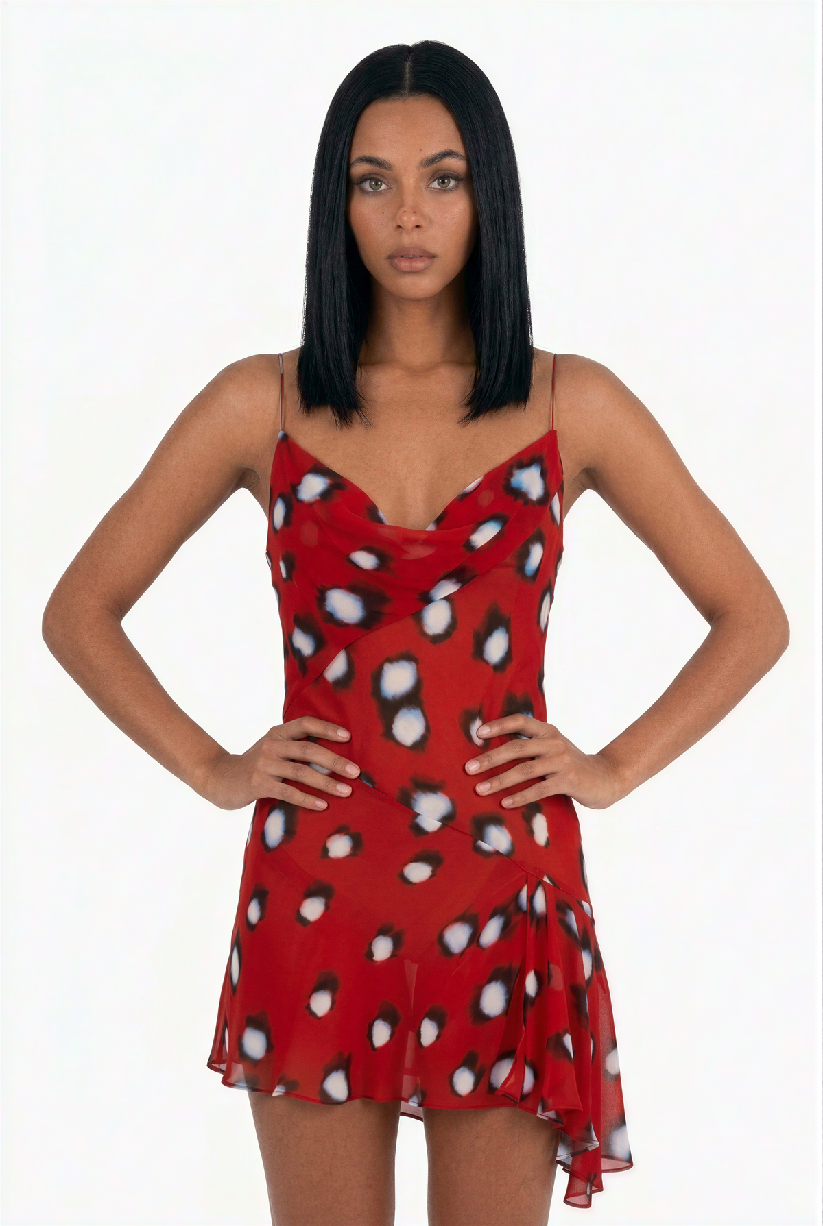Red Abstract Spot Cowl Neck Mini Dress