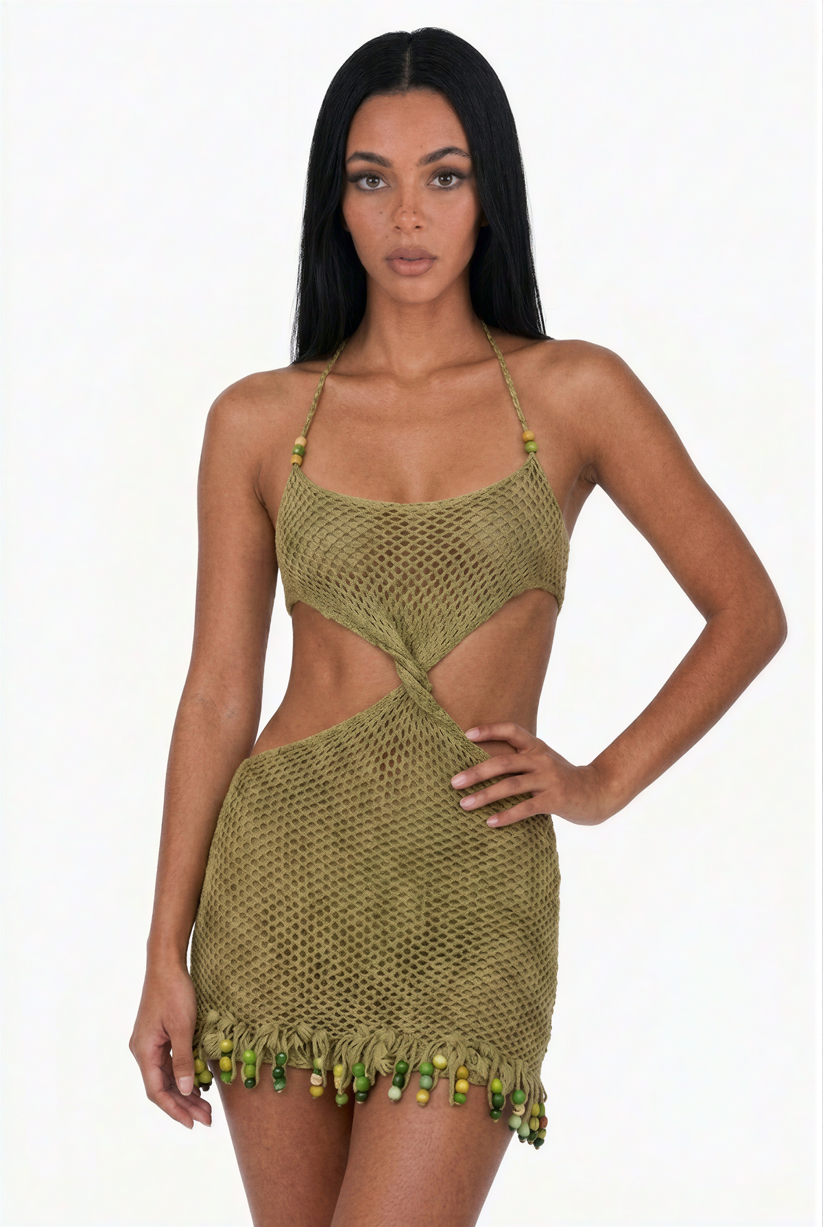 Olive Green Crochet Cut-Out Mini Dress