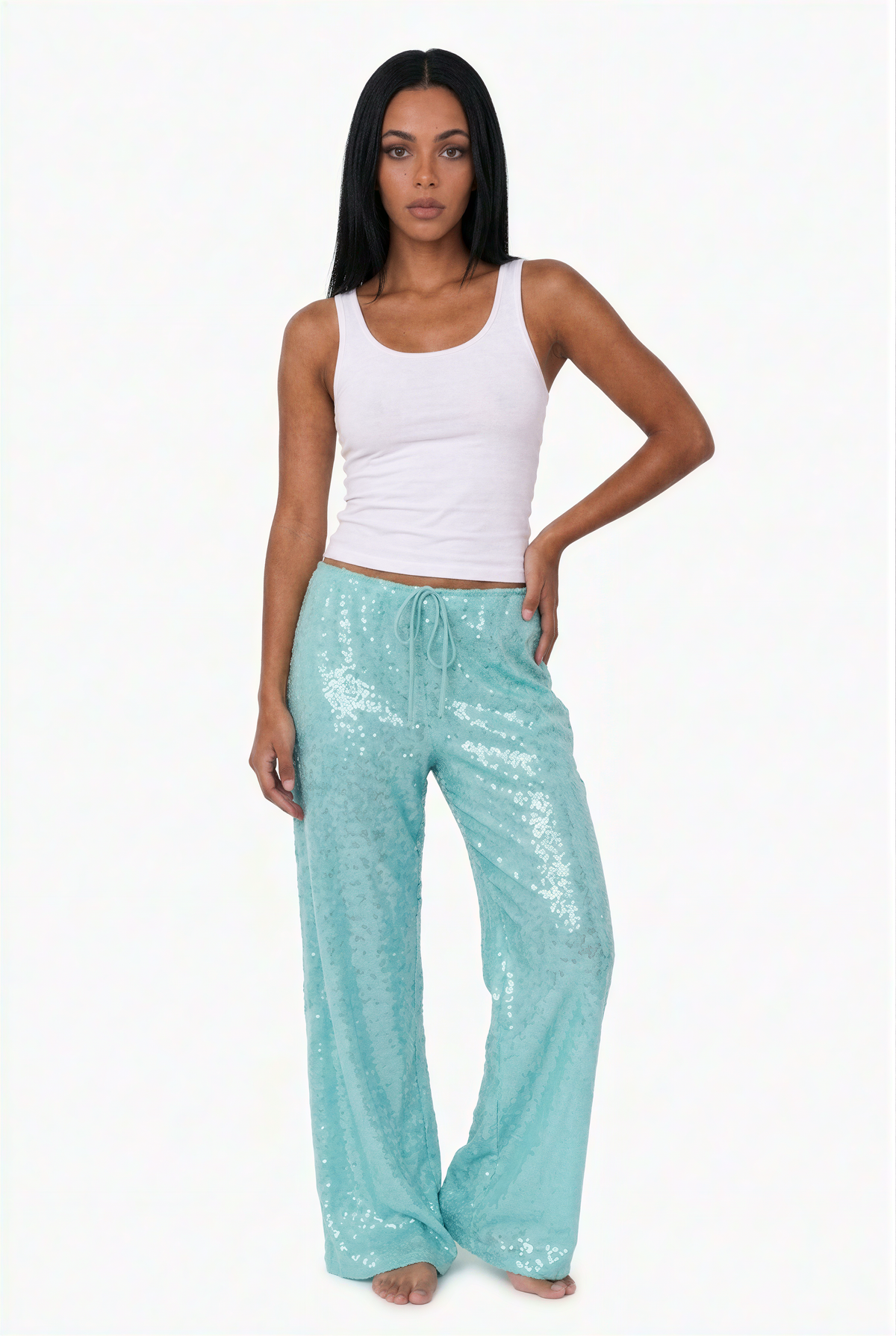 Sequin Wide-Leg Drawstring Pants