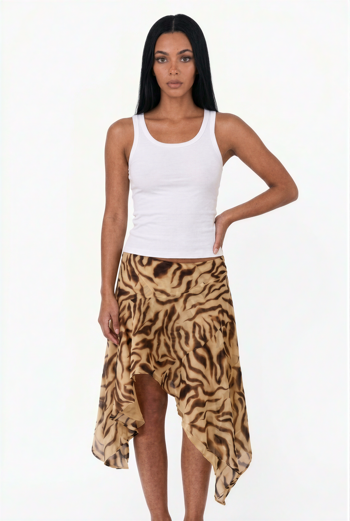 Tiger Print Asymmetric Ruffle Skirt