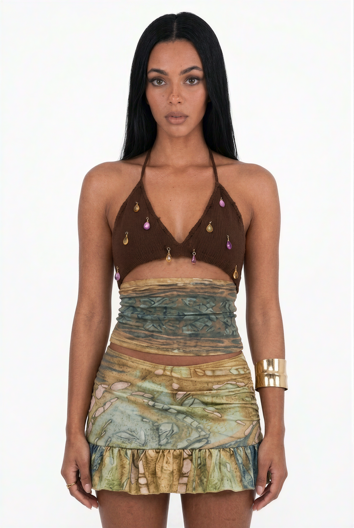 Embellished Crochet Halter & Abstract Mini Skirt Set