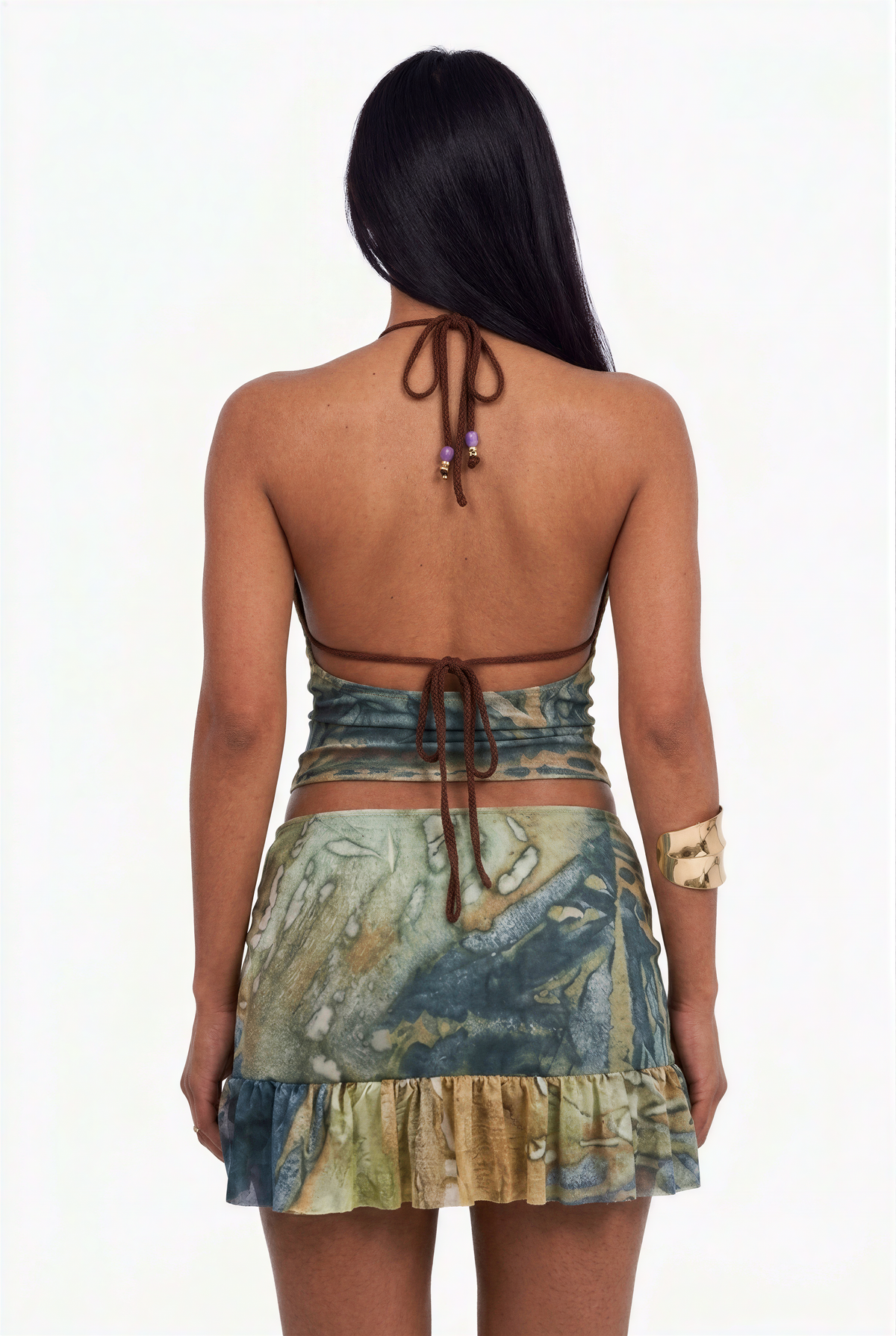 Embellished Crochet Halter & Abstract Mini Skirt Set