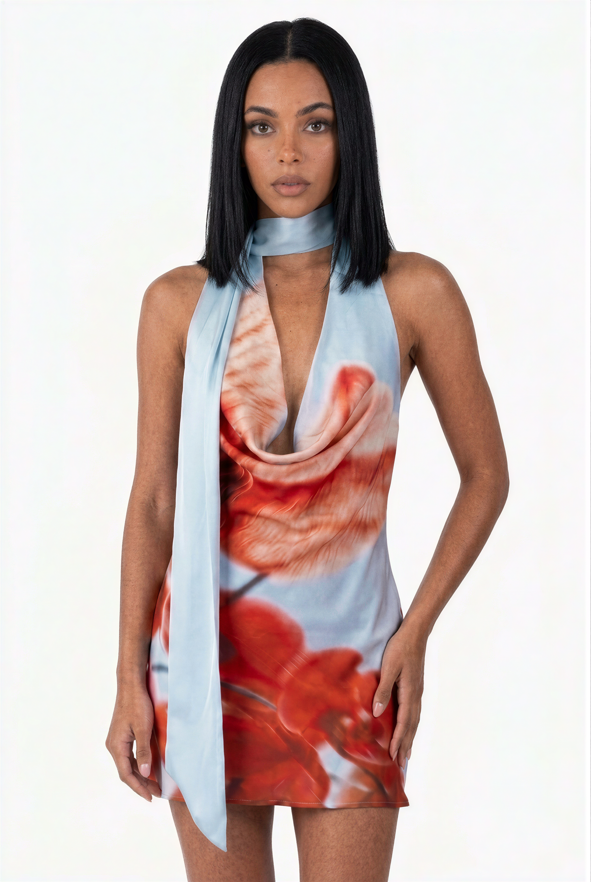 Light Blue Floral Halter Mini Dress